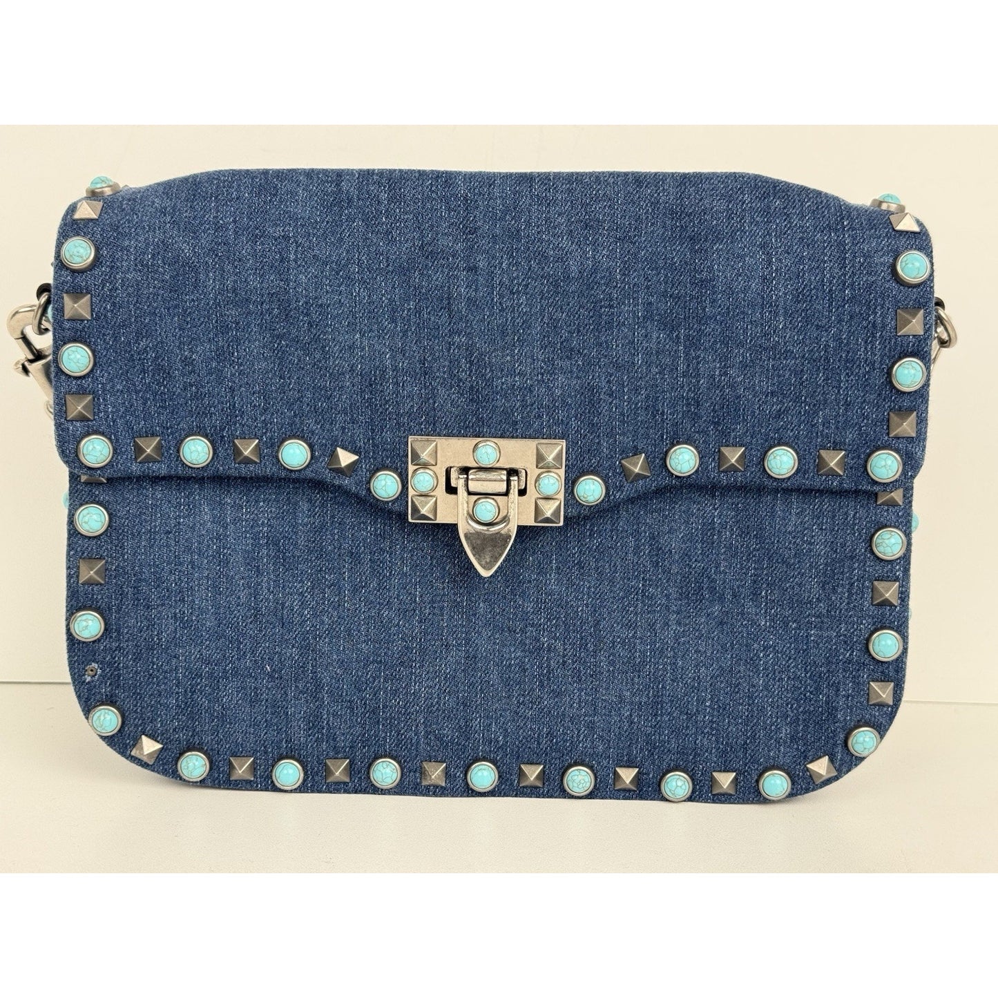 Valentino Rolling Rockstud Denim and Leather Shoulder Bag with Multicolor Strap