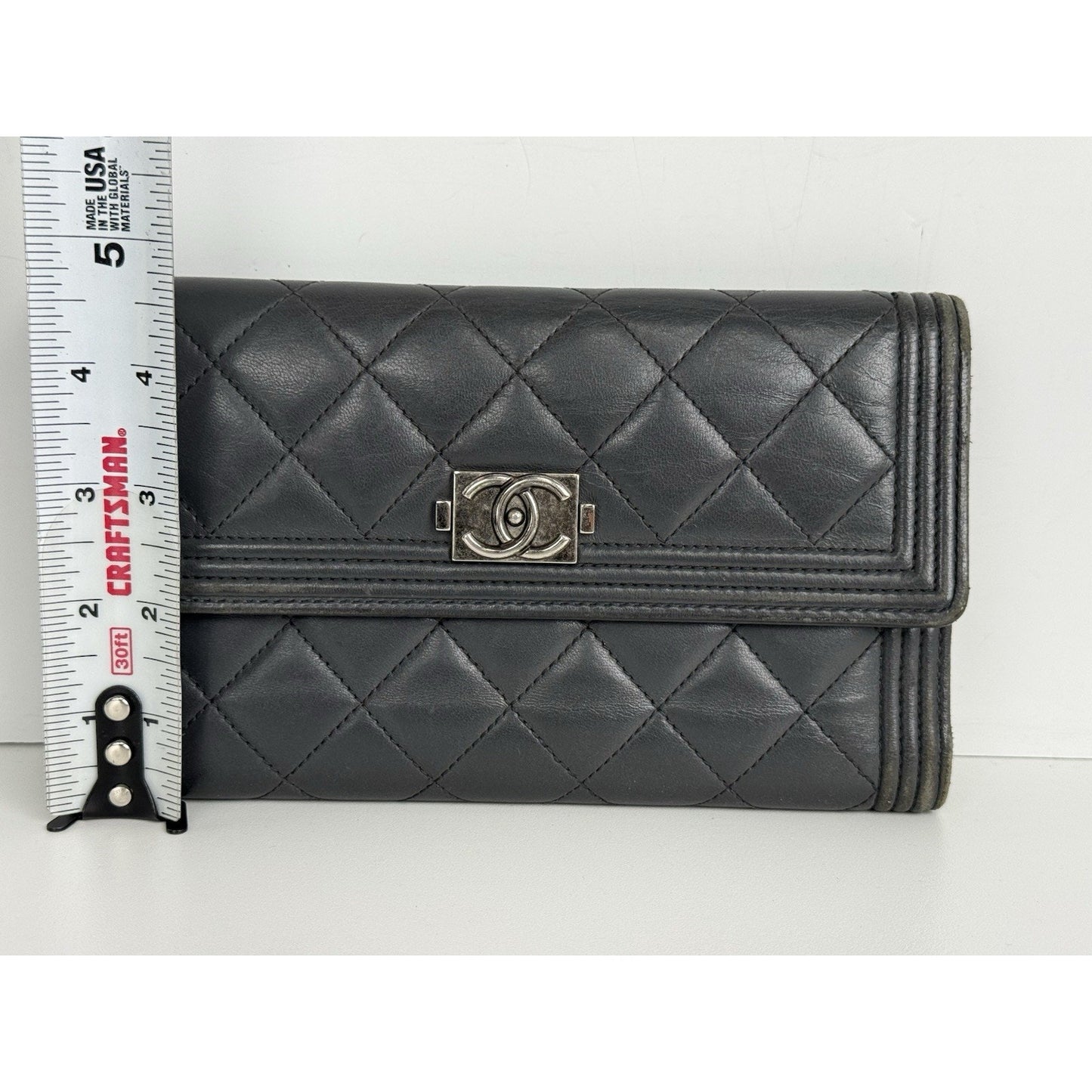 Chanel Long Flap Boy Wallet in Gray Leather