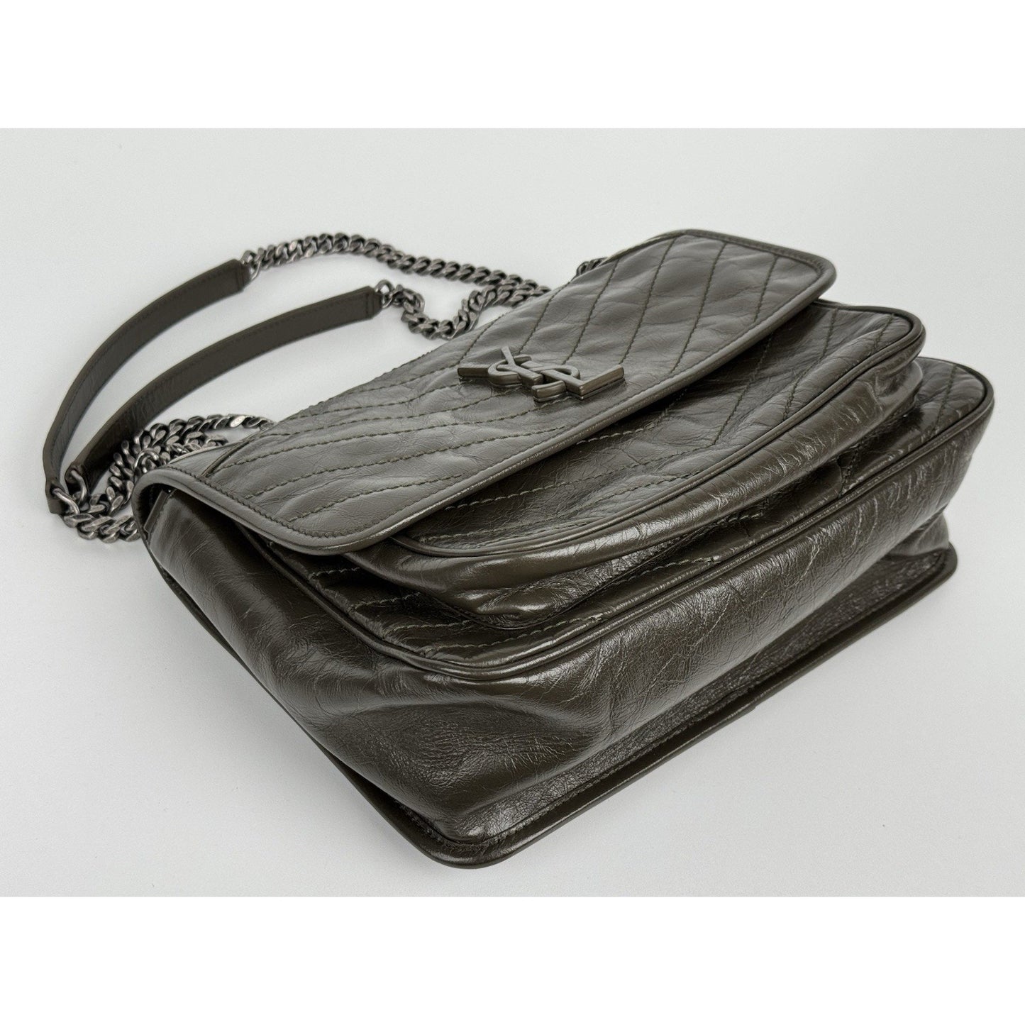 Saint Laurent Niki Medium Crinkled Matelassé Chain Satchel Dark Green C-6