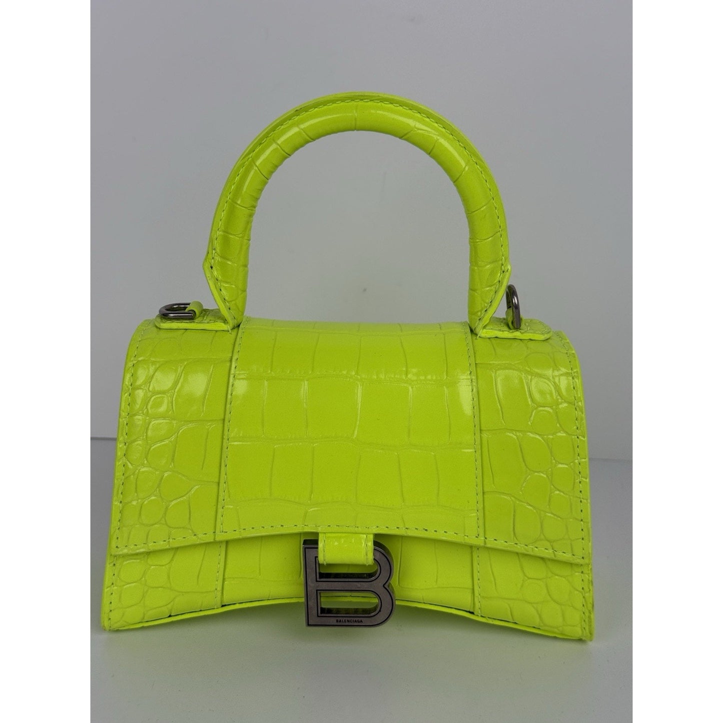 BALENCIAGA Crocodile Embossed Neon Green Leather Hourglass Top Handle Bag