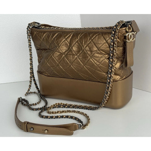 CHANEL Gabrielle Hobo Bag Quilted Gold Calfskin Gold Silver Hardware