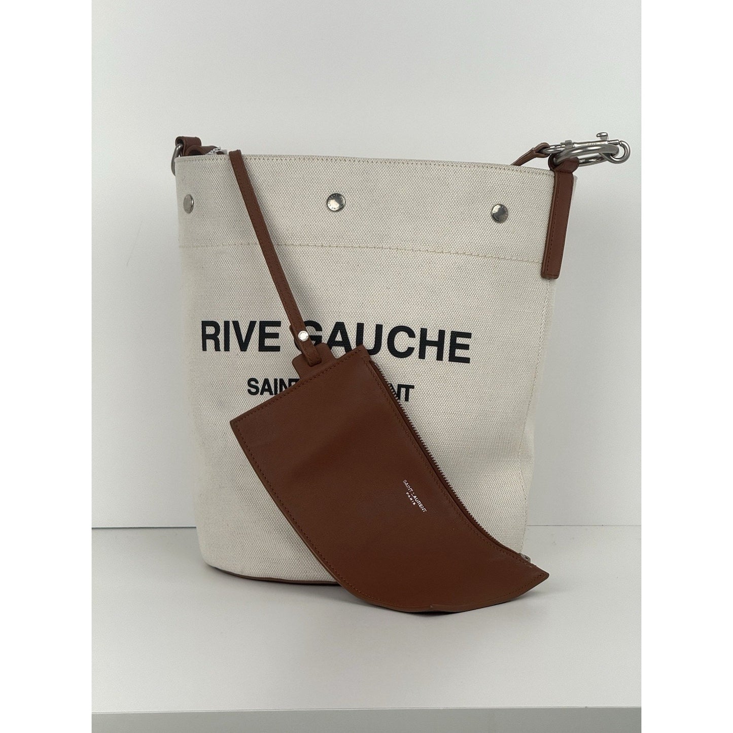 Saint Laurent Rive Gauche Linen Leather Women’s Bucket Bag in Beige