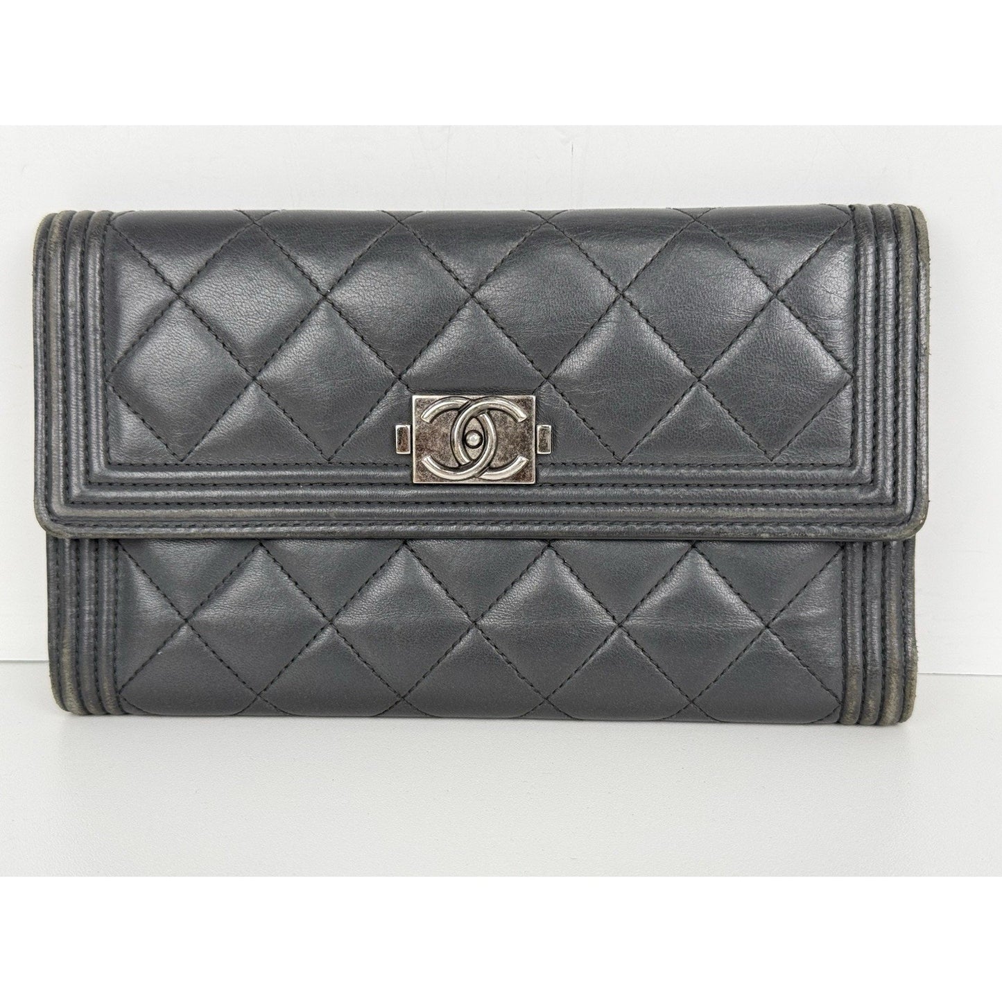 Chanel Long Flap Boy Wallet in Gray Leather