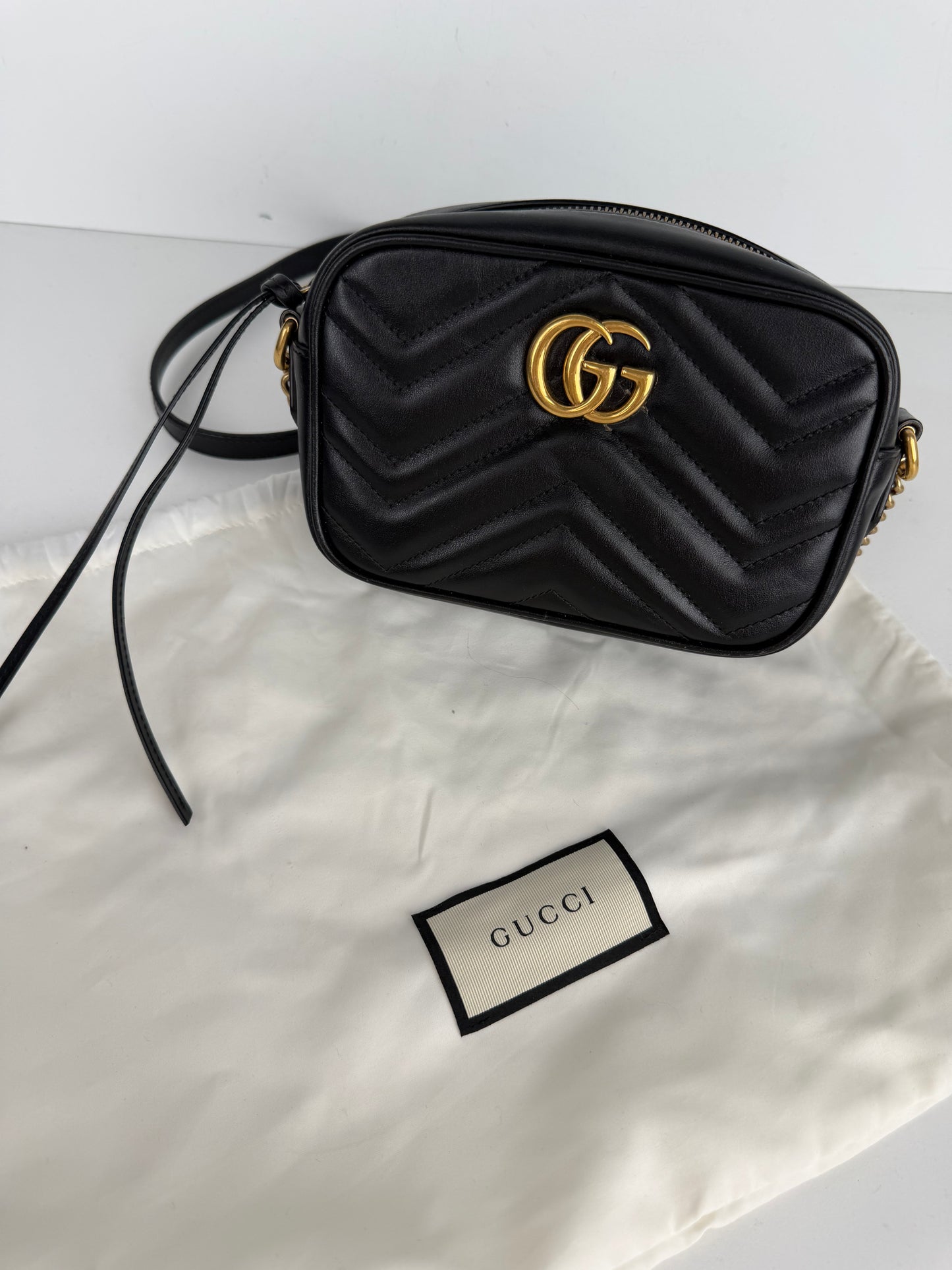 Gucci GG Marmont Mini Camera Bag in Black Chevron-Quilted Calfskin Leather S-17