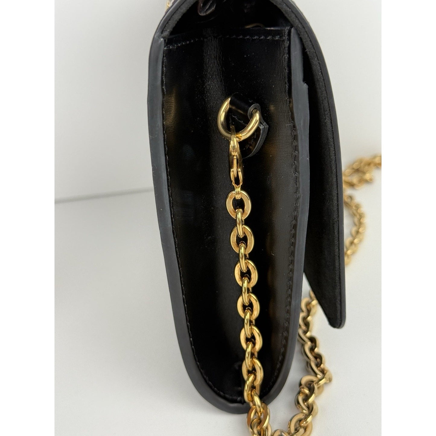 LOUIS VUITTON Black Calfskin Fleur De Lys Pochette Studded Chain Louise