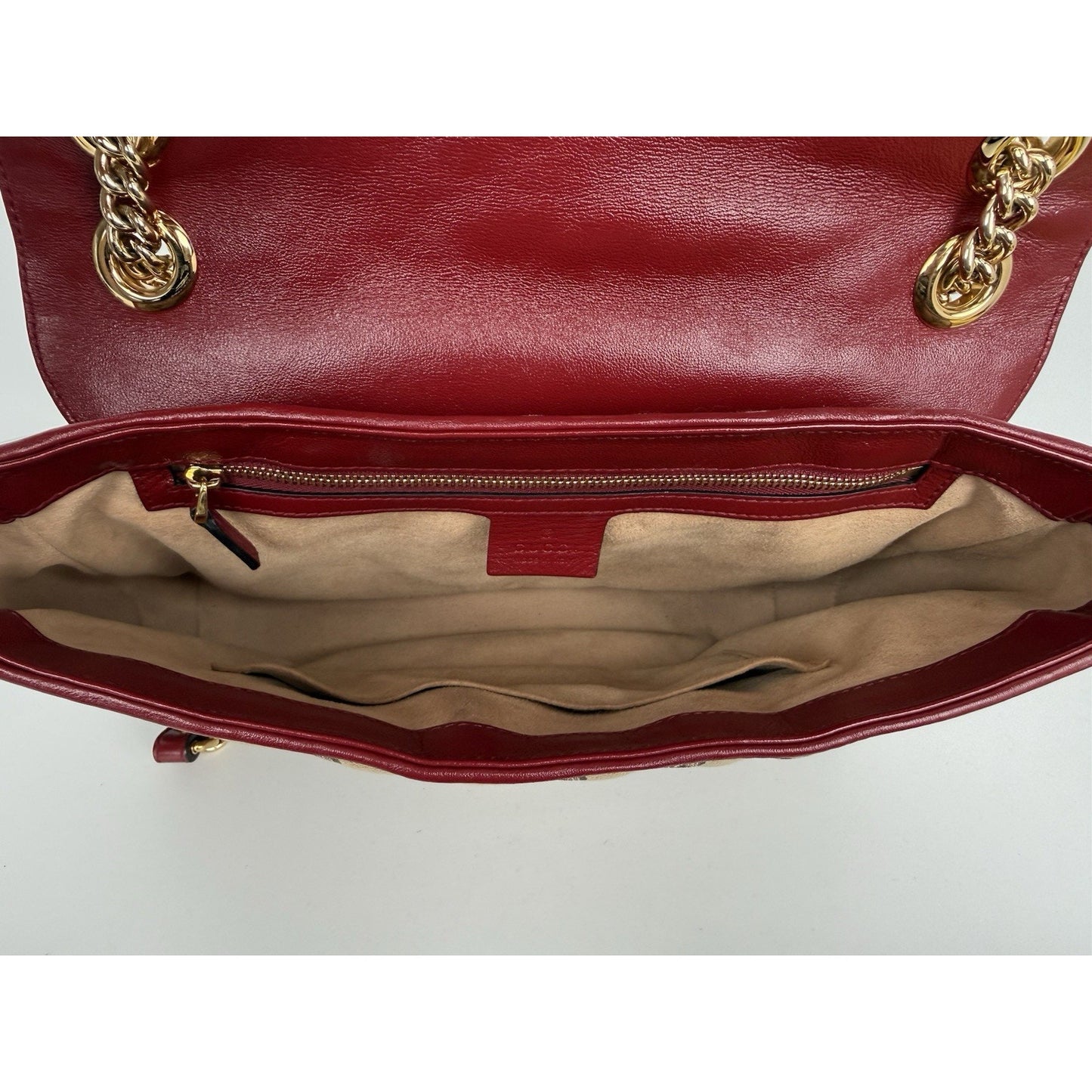 Gucci GG Marmont Monogram Matelassé Diagonal Shoulder Bag Beige and Red