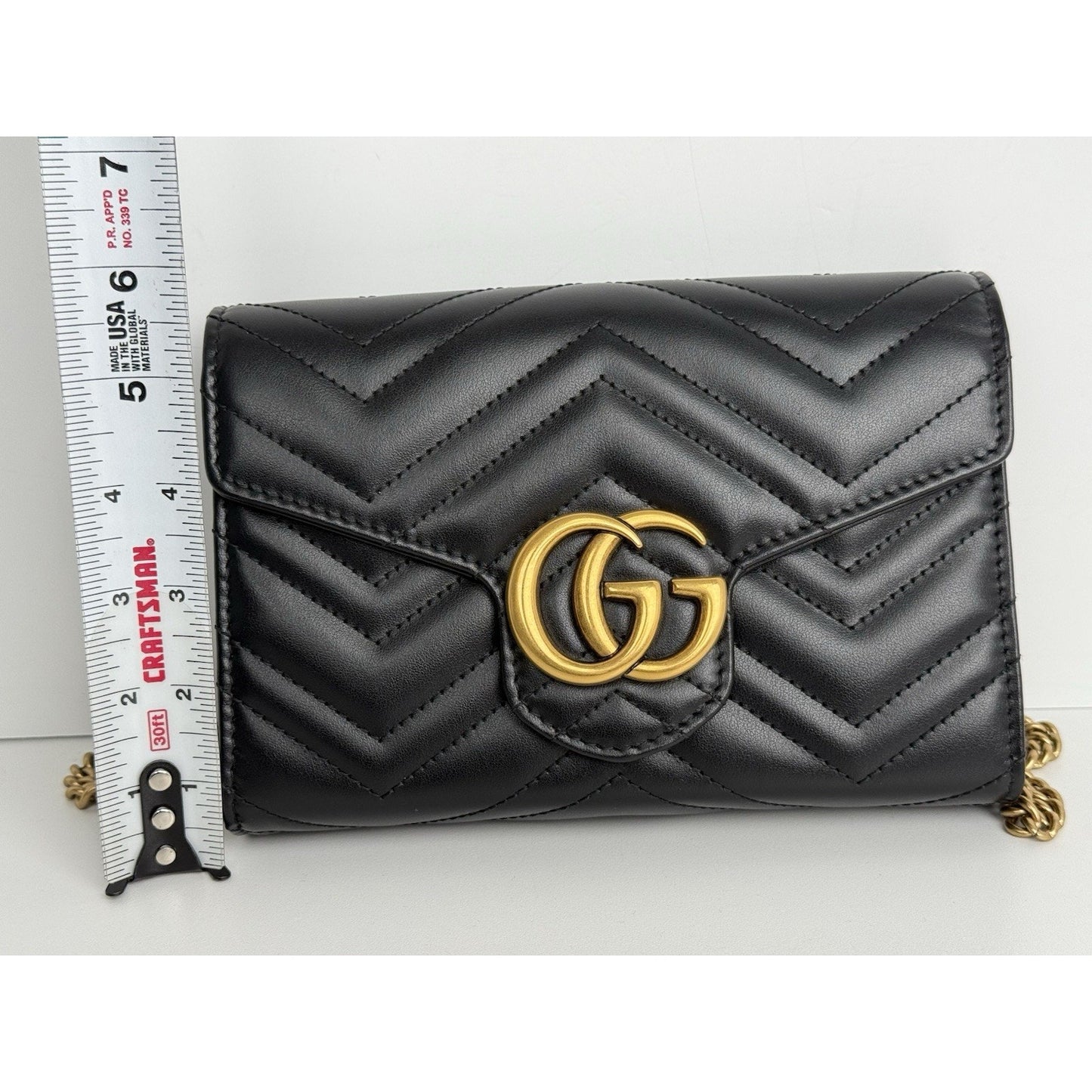 Gucci GG Marmont Black Matelassé Leather Shoulder Bag with Gold Chain