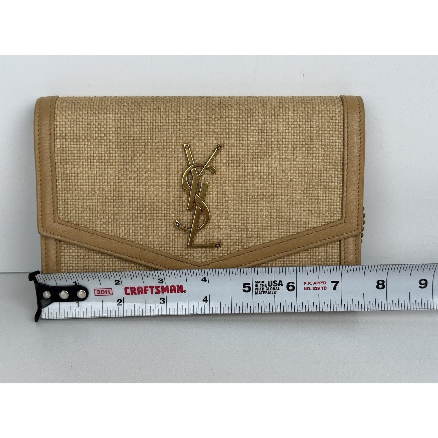 Saint Laurent Micro Raffia Monogram Uptown Chain Wallet – Natural Hay Blush