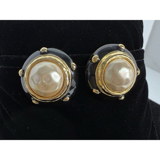 Chanel Vintage Faux Pearl Earrings Clip-On Gold