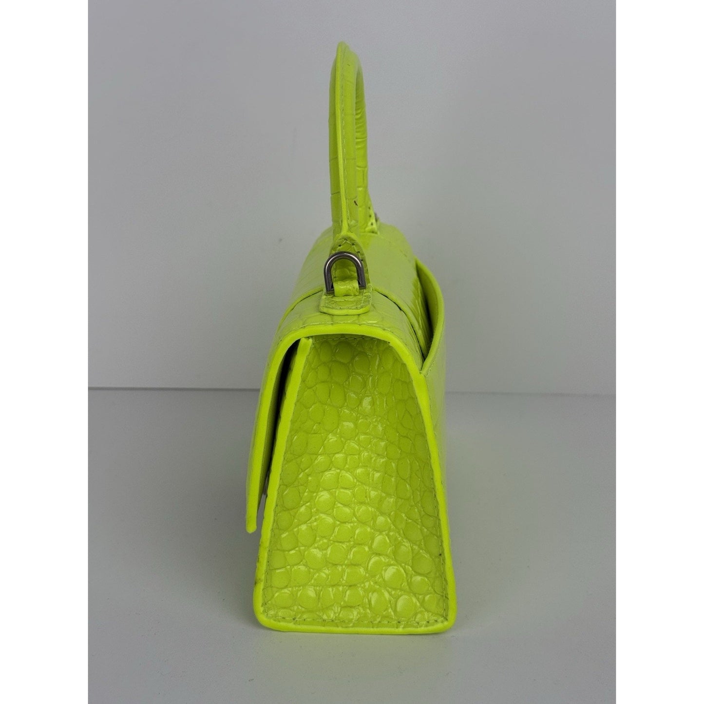 BALENCIAGA Crocodile Embossed Neon Green Leather Hourglass Top Handle Bag
