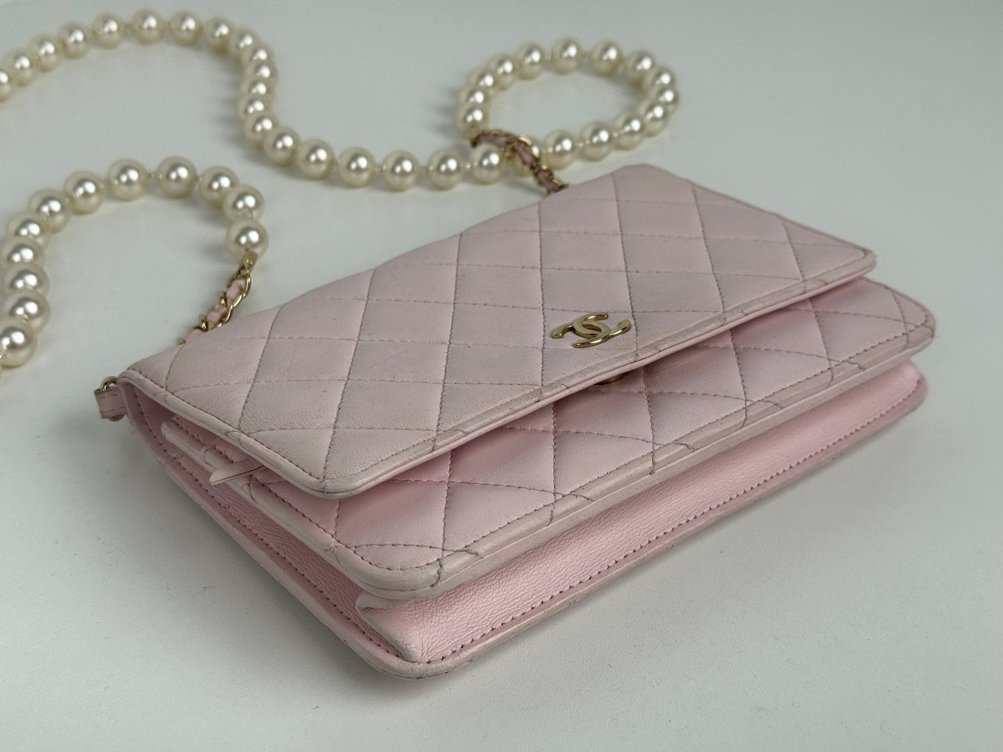 Chanel Pink Quilted Leather Pearl Wallet on Chain With Gold Hardware