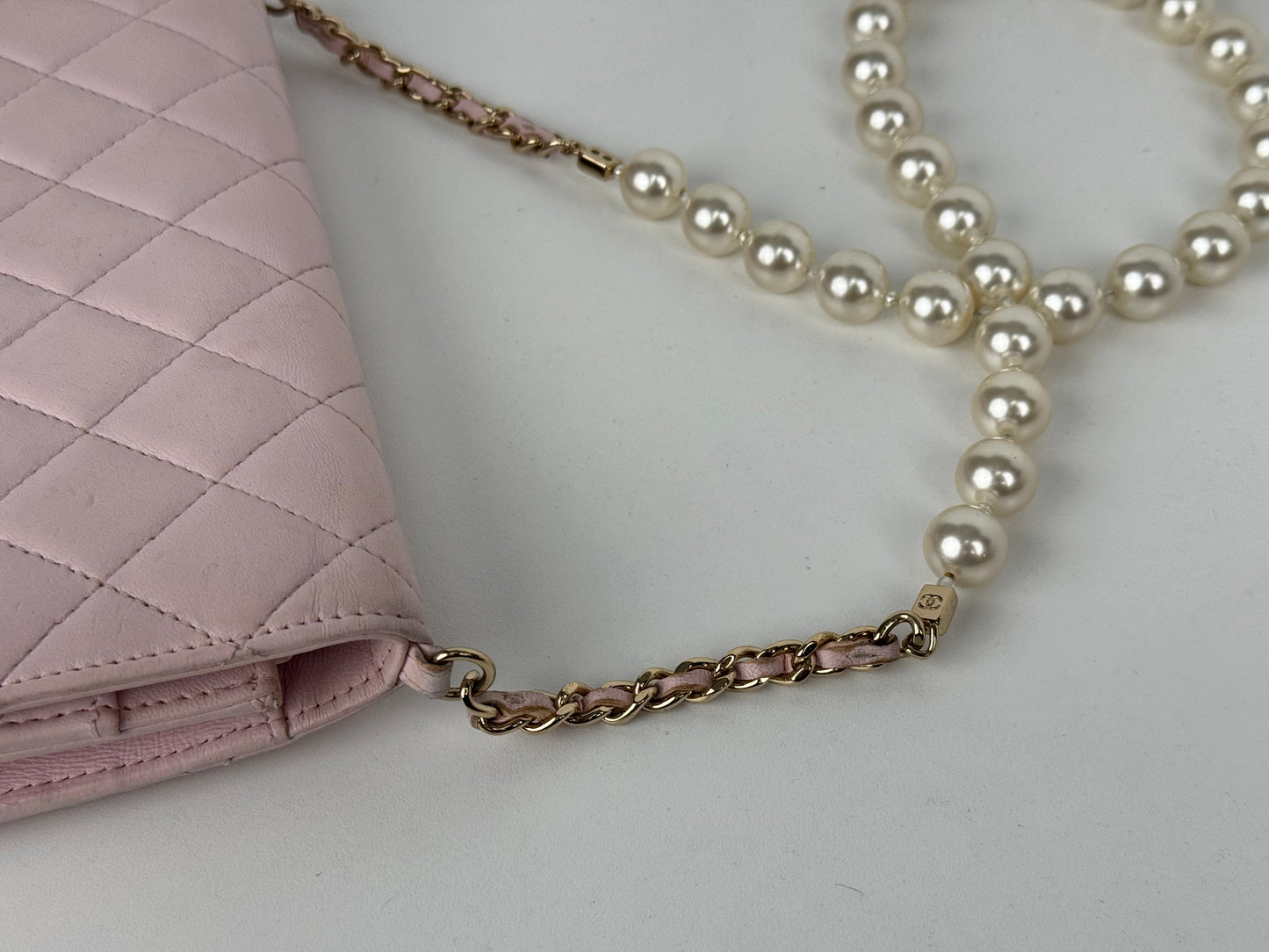 Chanel Pink Quilted Leather Pearl Wallet on Chain With Gold Hardware