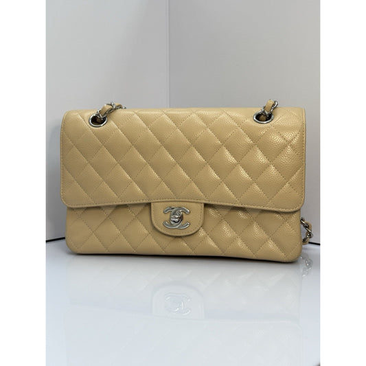 CHANEL Medium Classic Double Flap Beige Caviar Leather Shoulder Bag 2012-2013