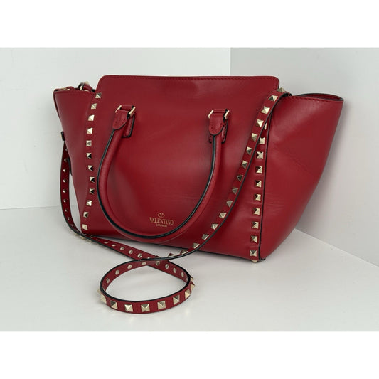 Valentino Garavani Calfskin Rockstud Shoulder Handbag Tote Red