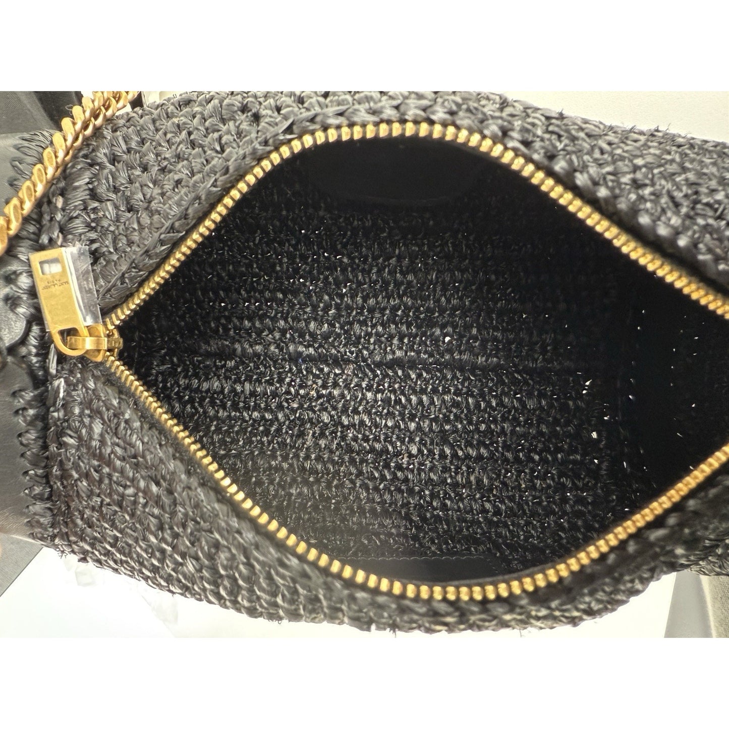 SAINT LAURENT Small Cylinder Black Raffia & Leather Shoulder Bag