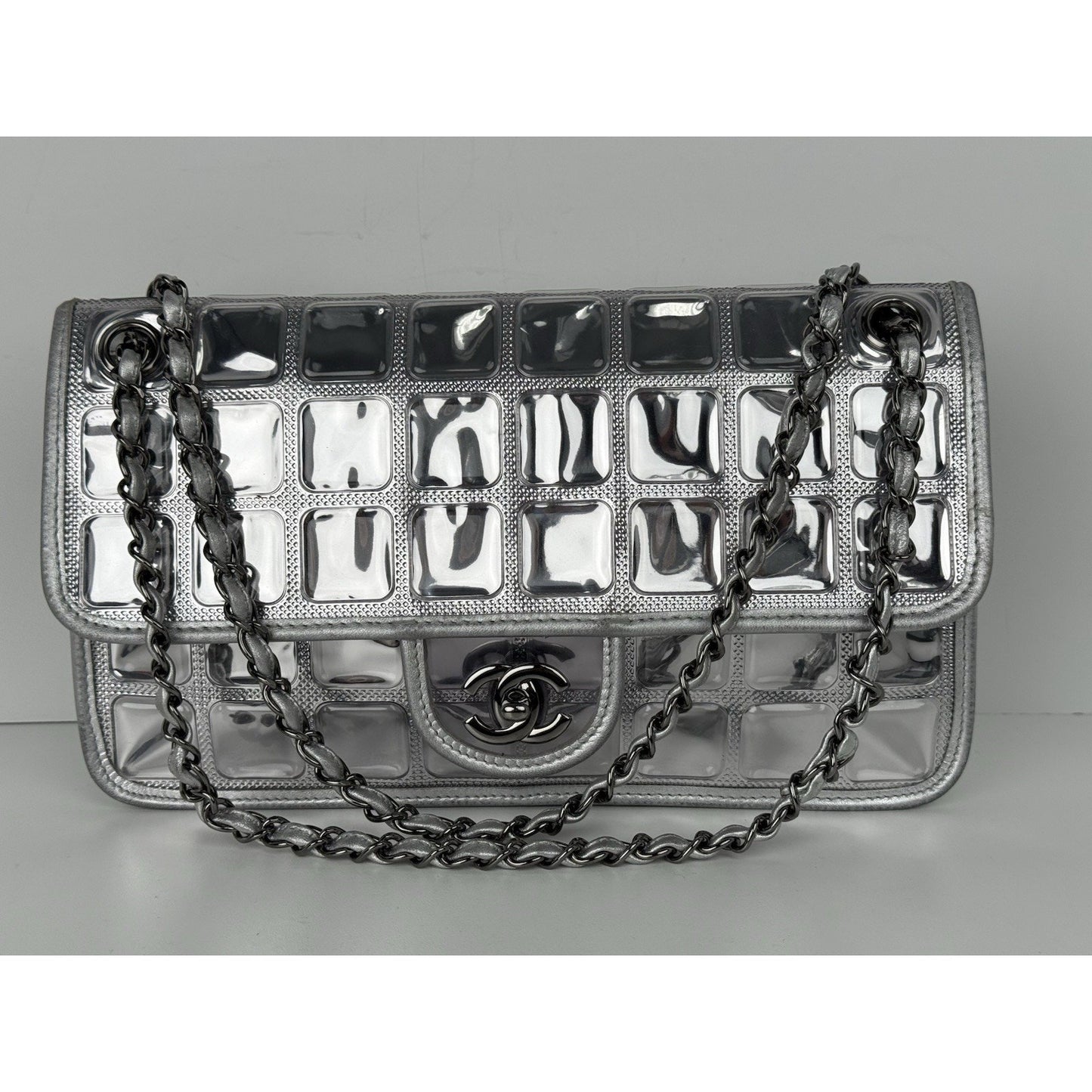 Chanel Classic Flap Ice Cube Chocolate Bar Metallic Silver PVC with Leather Trim