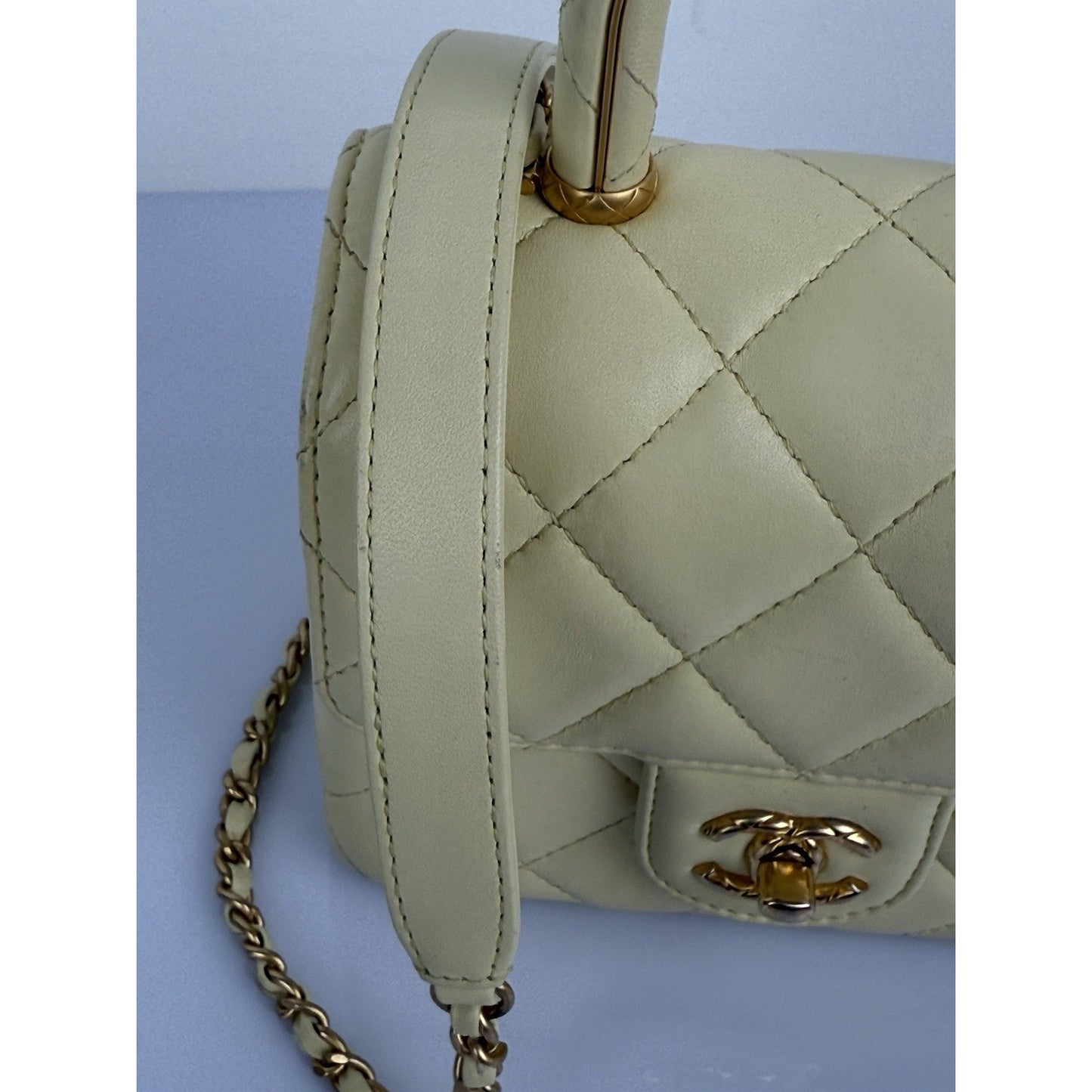 CHANEL Crush Quilted Leather Mini Top Handle Flap Bag in Yellow