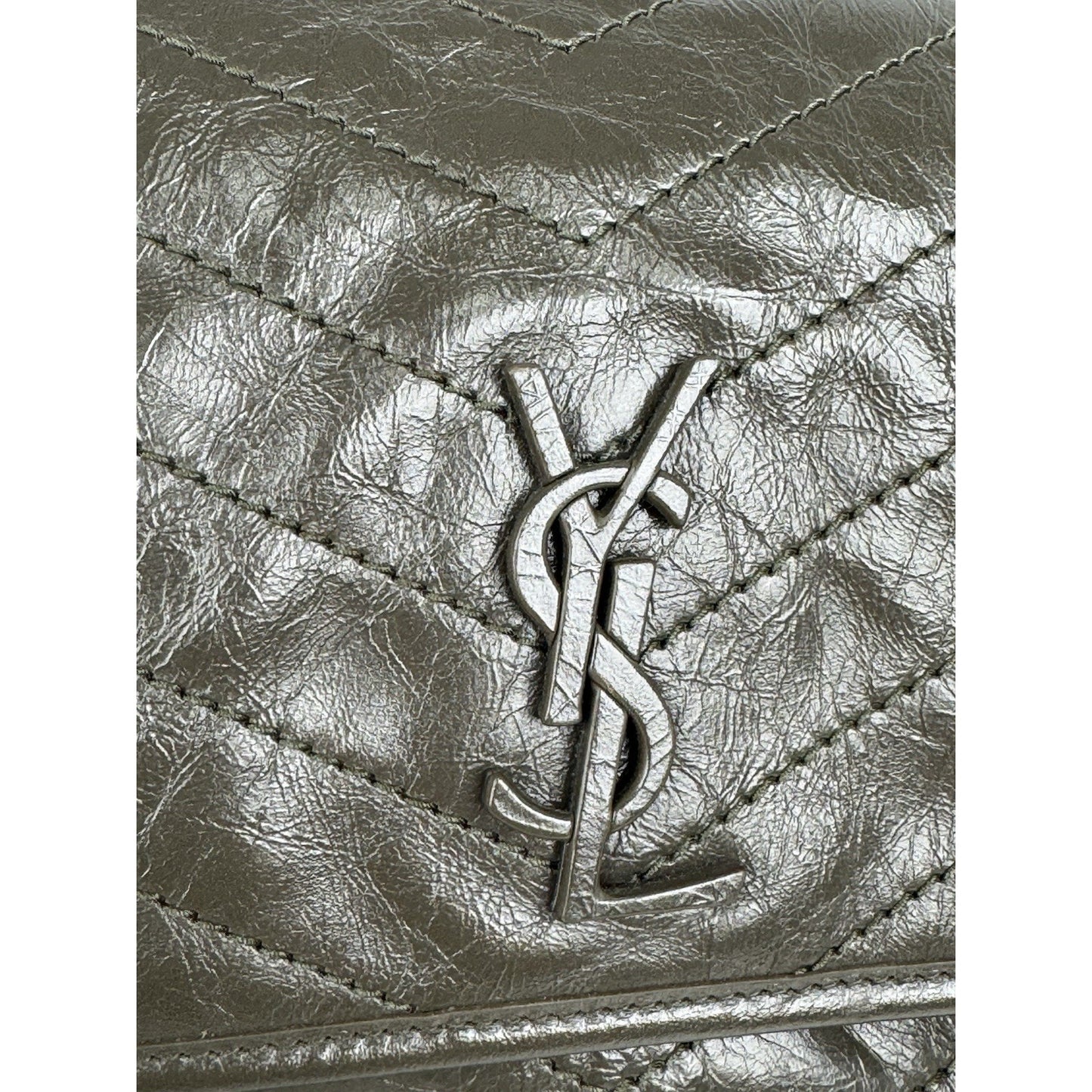 Saint Laurent Niki Medium Crinkled Matelassé Chain Satchel Dark Green C-6