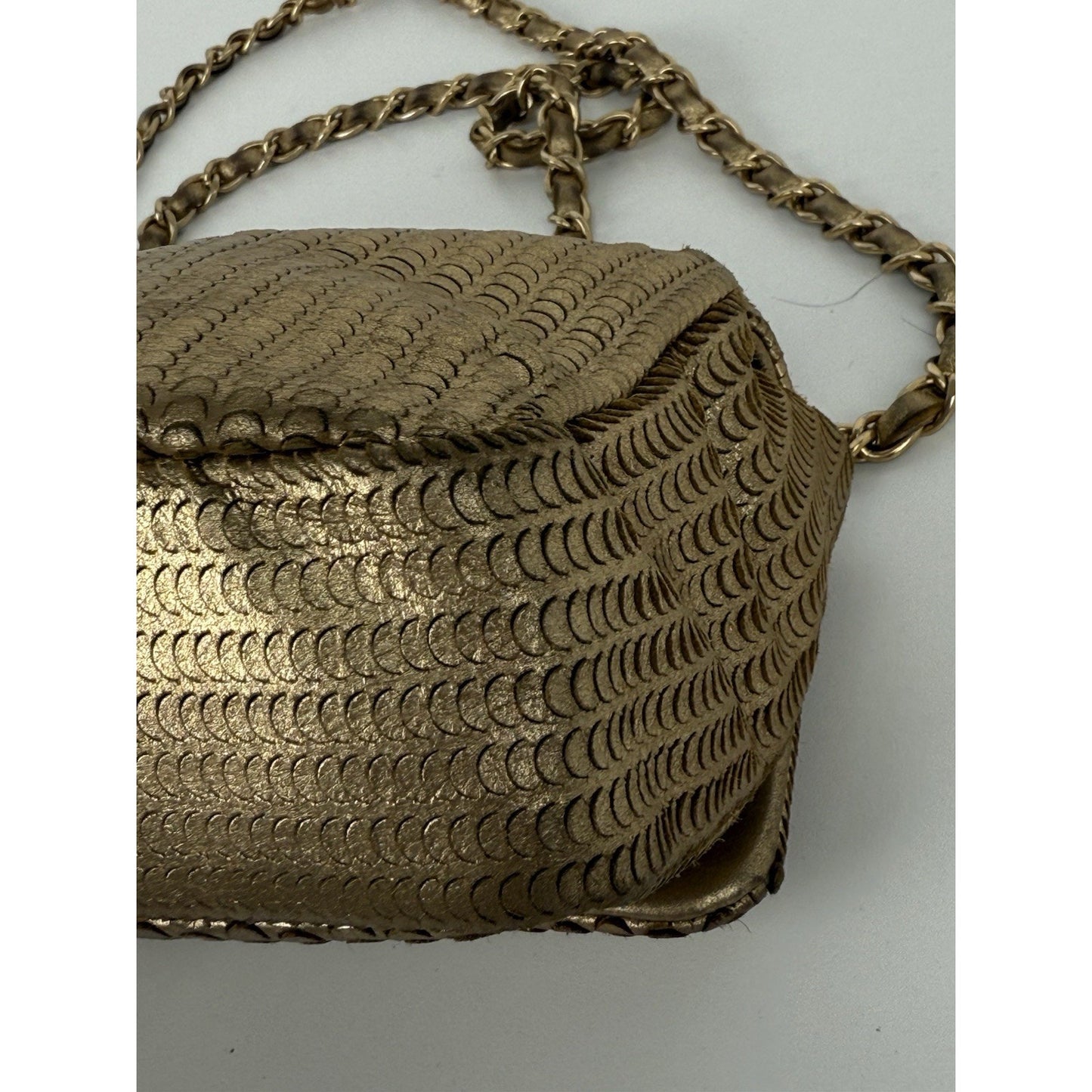 CHANEL Metallic Gold Lambskin Fish Skin Pattern Laser Cut Small Shoulder Bag