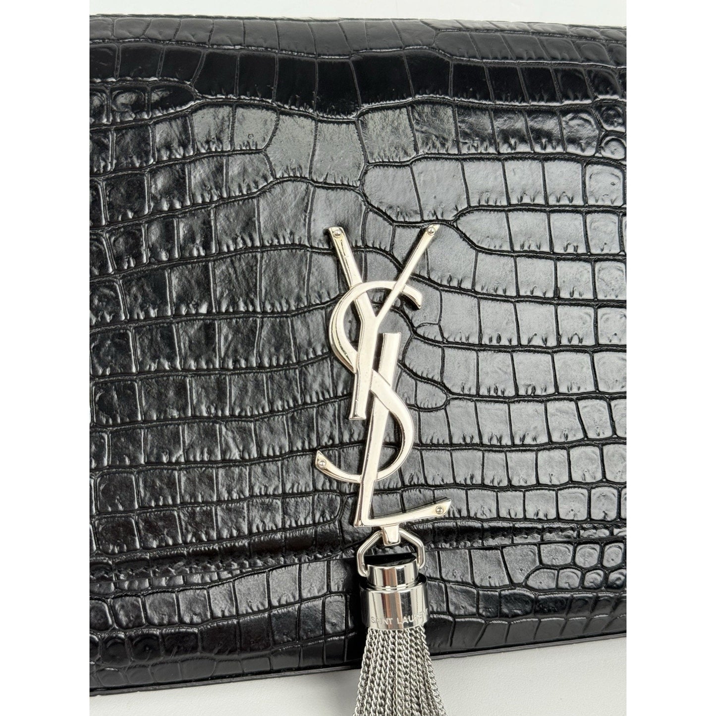 Saint Laurent Kate Tassel Croc-Embossed Leather Shoulder Bag in Black
