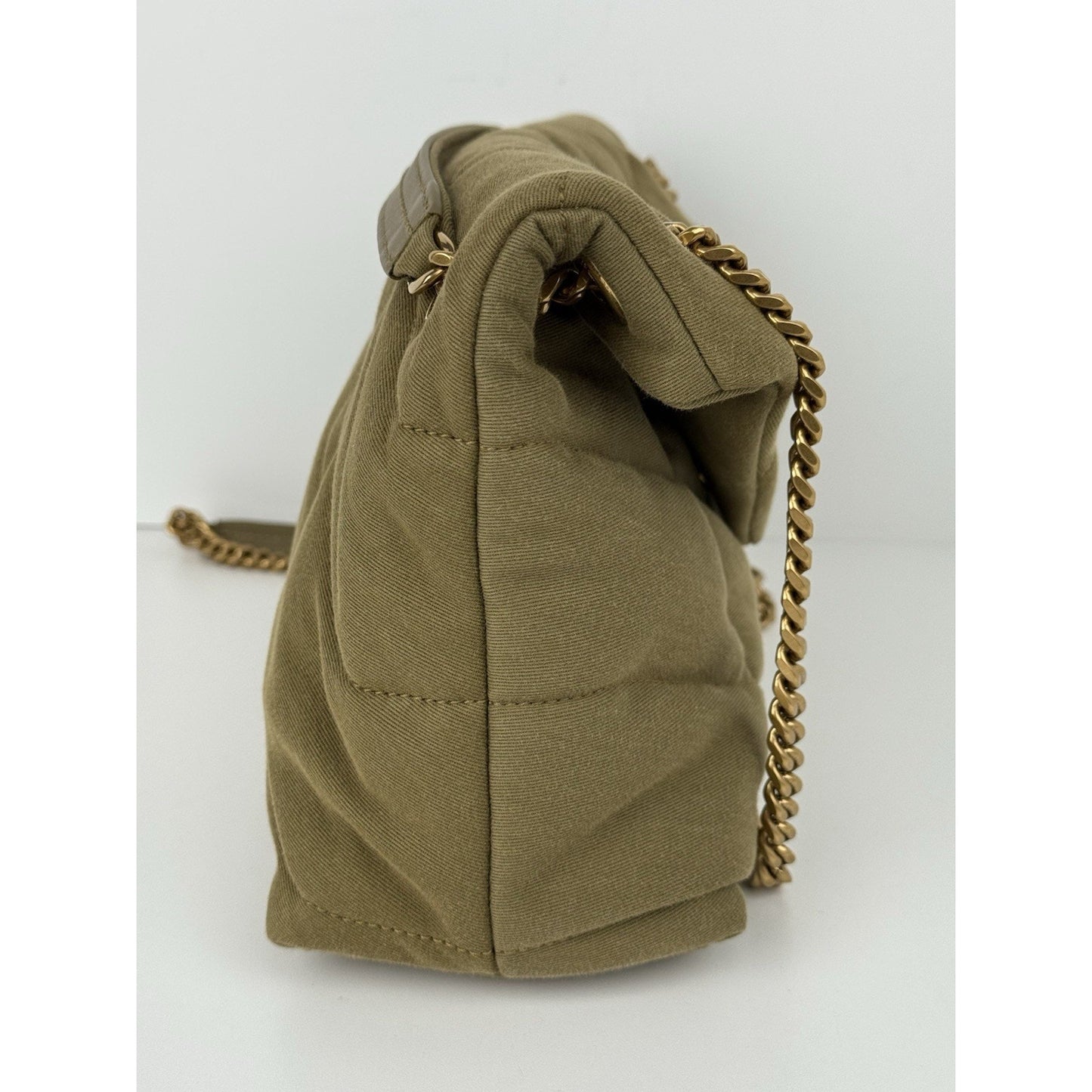 SAINT LAURENT Small Puffer Wool Chevron Quilt Shoulder Bag in Olive Green