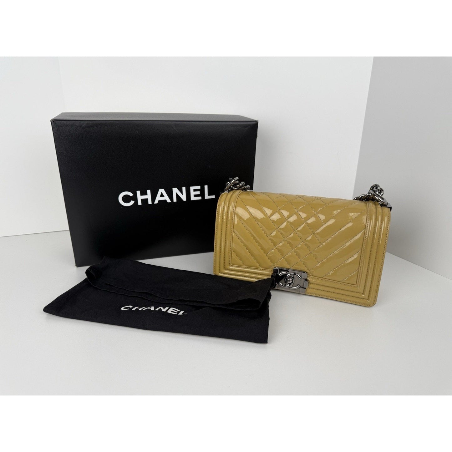 Chanel Boy Medium Chevron & Quilted Mustard Patent Leather Shoulder Bag