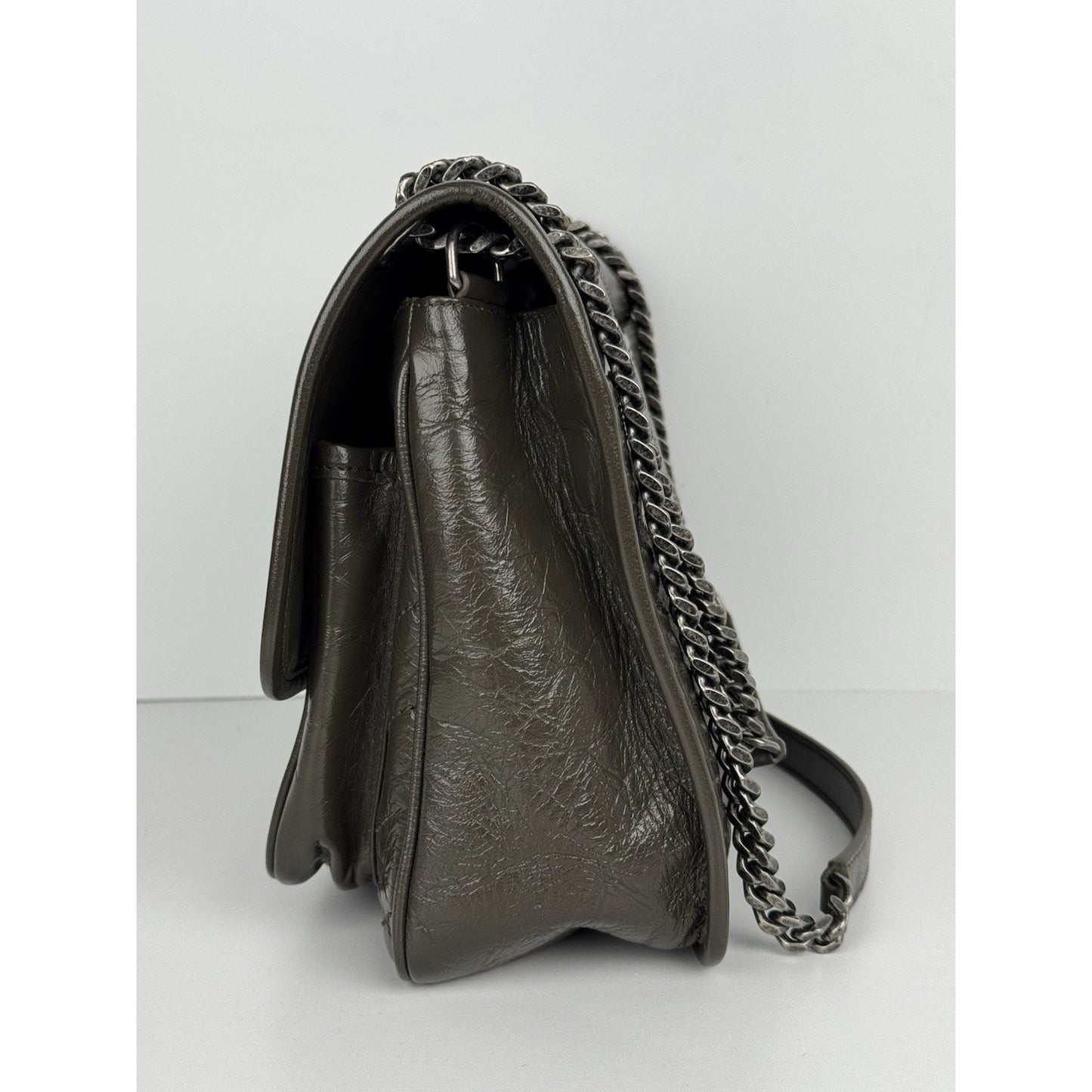 Saint Laurent Niki Medium Crinkled Matelassé Chain Satchel Dark Green C-6