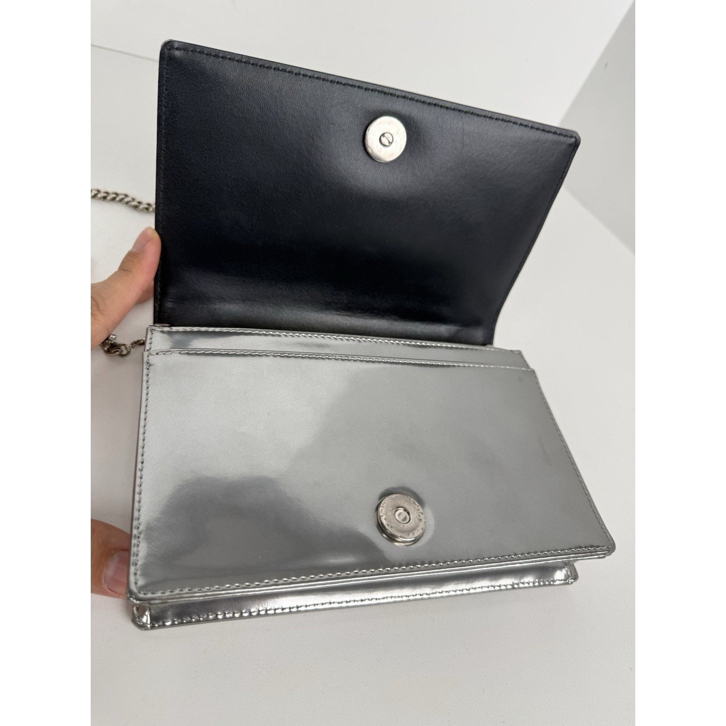 Dior Micro-Cannage Diorama Wallet on Chain Pouch Metallic Silver Patent Leather