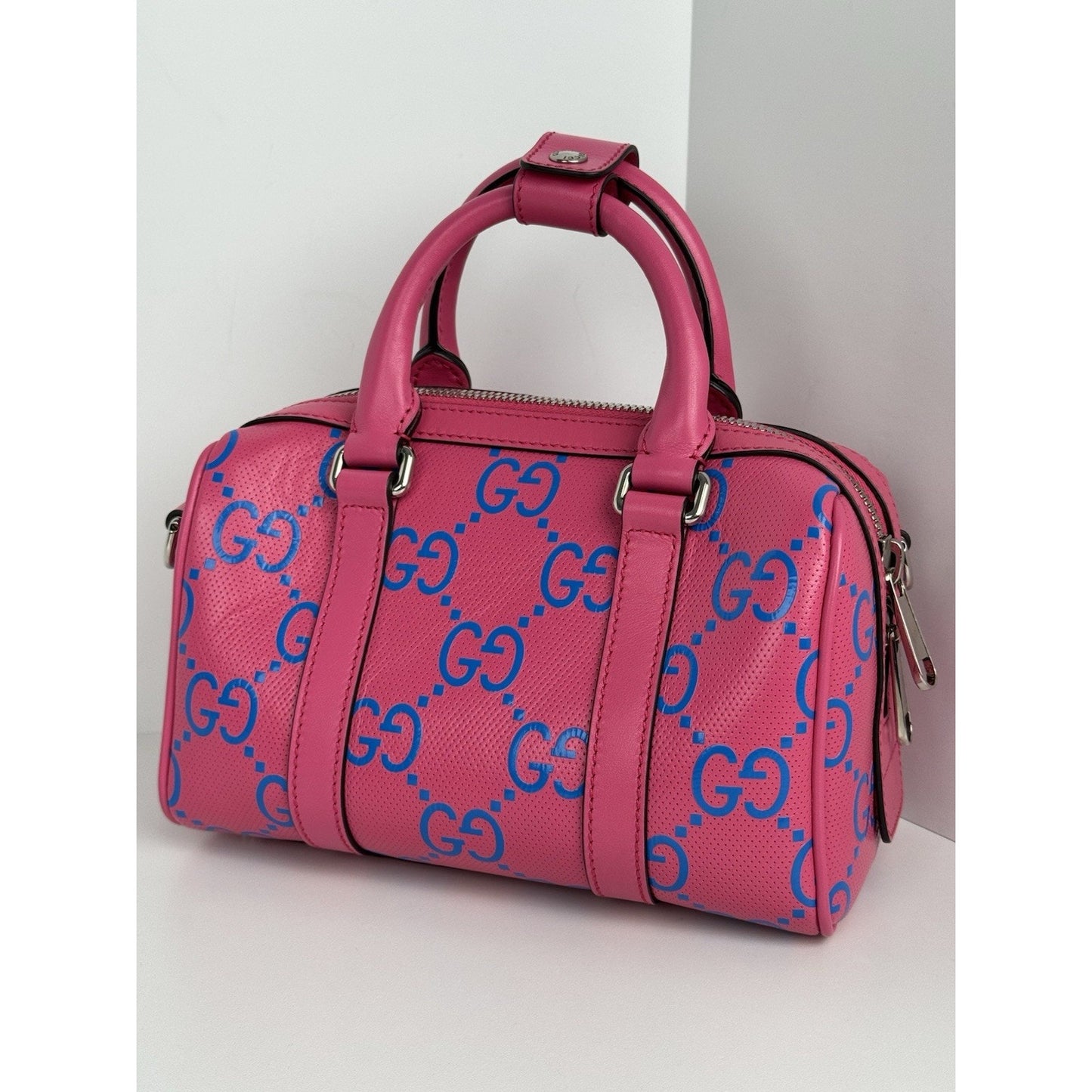 Gucci GG Tennis Perforated Leather Mini Duffle Bag Modern Pink and Blue C-1