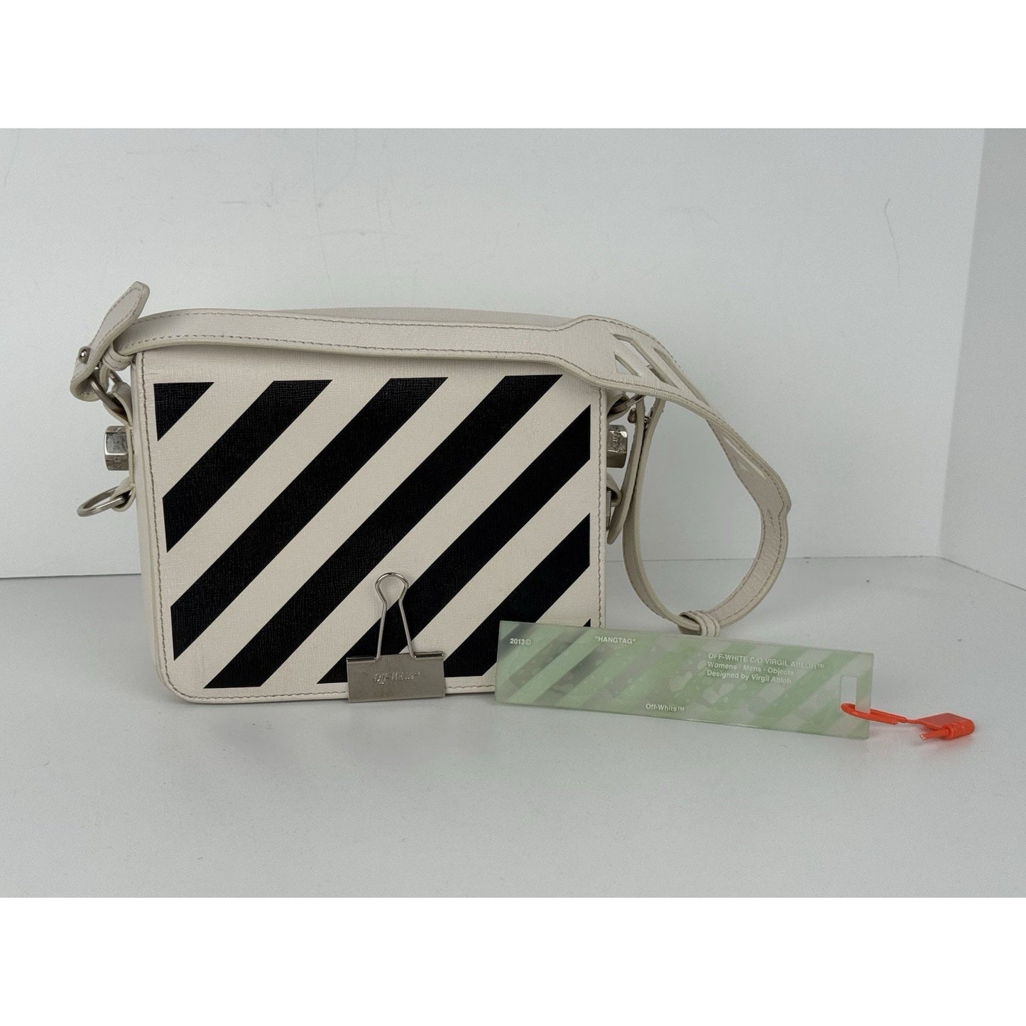 Off-White Diagonal Stripe Binder Clip Shoulder Bag White Leather with Silver