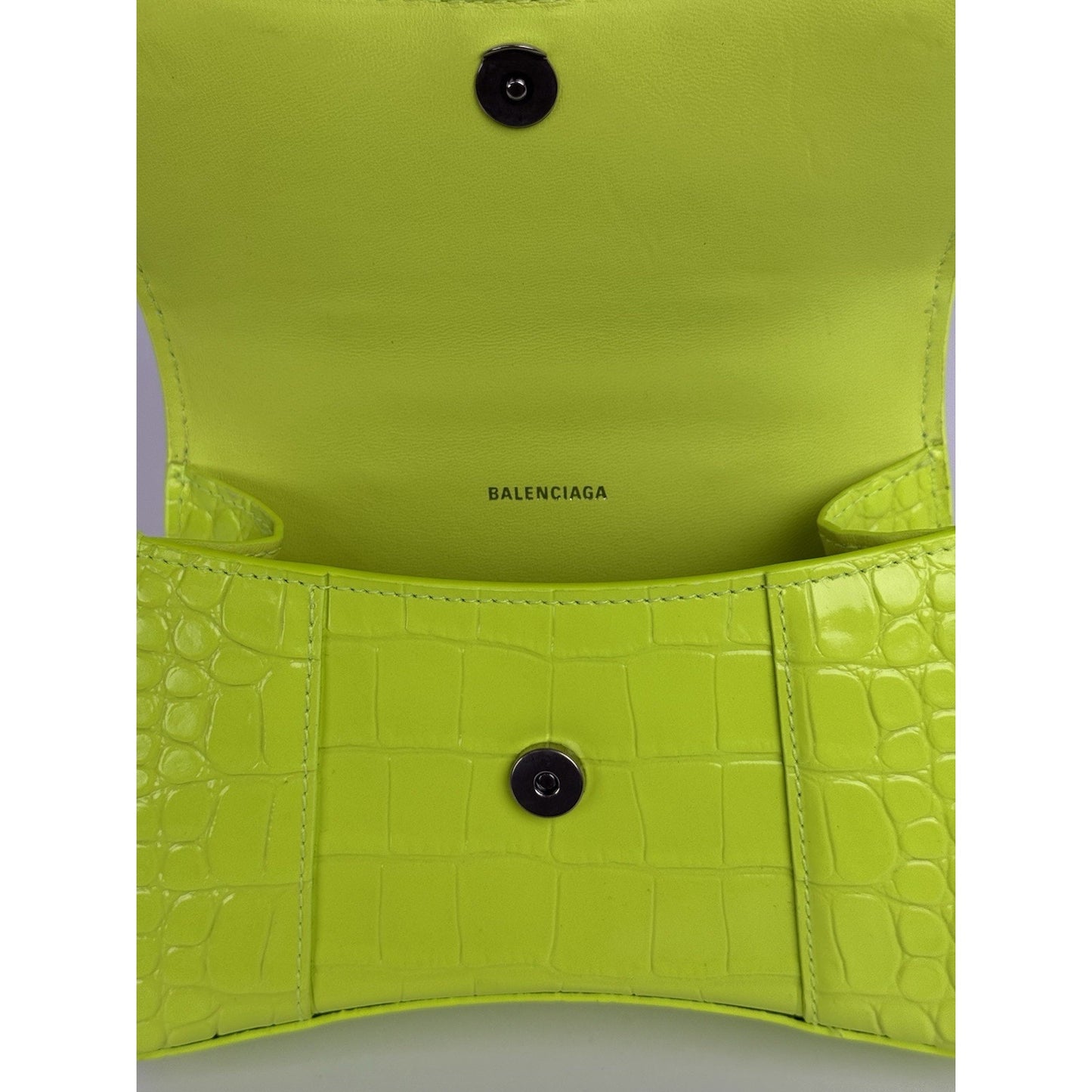 BALENCIAGA Crocodile Embossed Neon Green Leather Hourglass Top Handle Bag