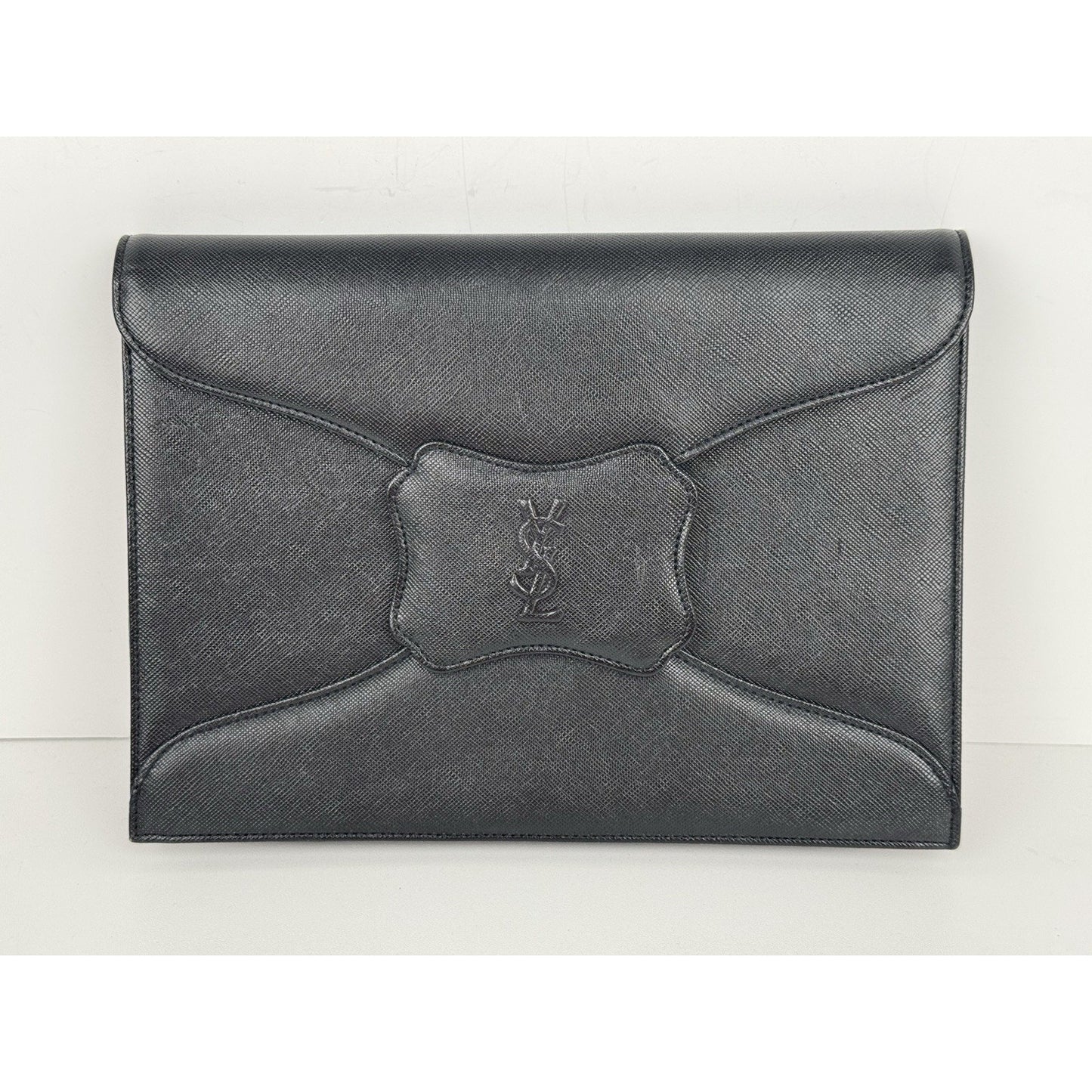 Yves Saint Laurent YSL Black Textured Leather Gold-Tone Flap Clutch Bag C-5