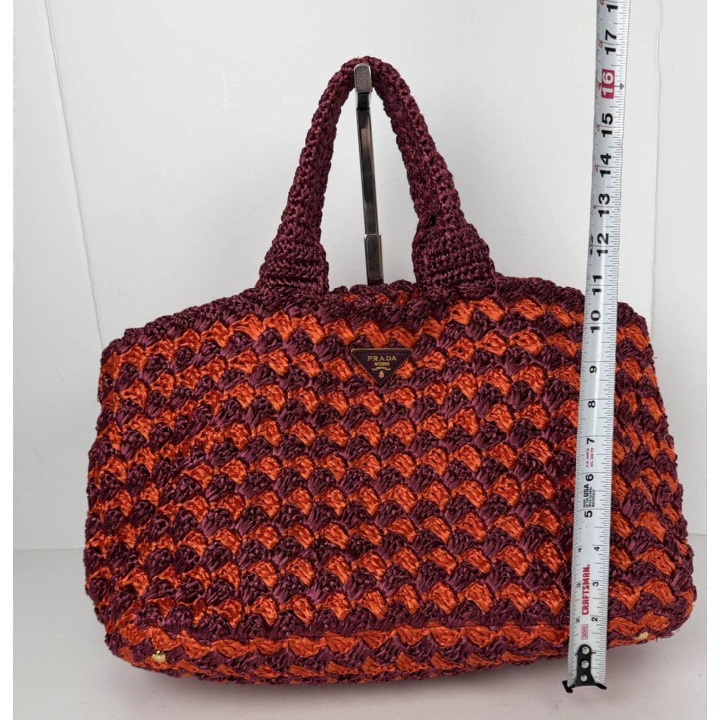 Prada Raffia Crochet Tote Bag in Striped Vibrant Orange & Rich Purple S