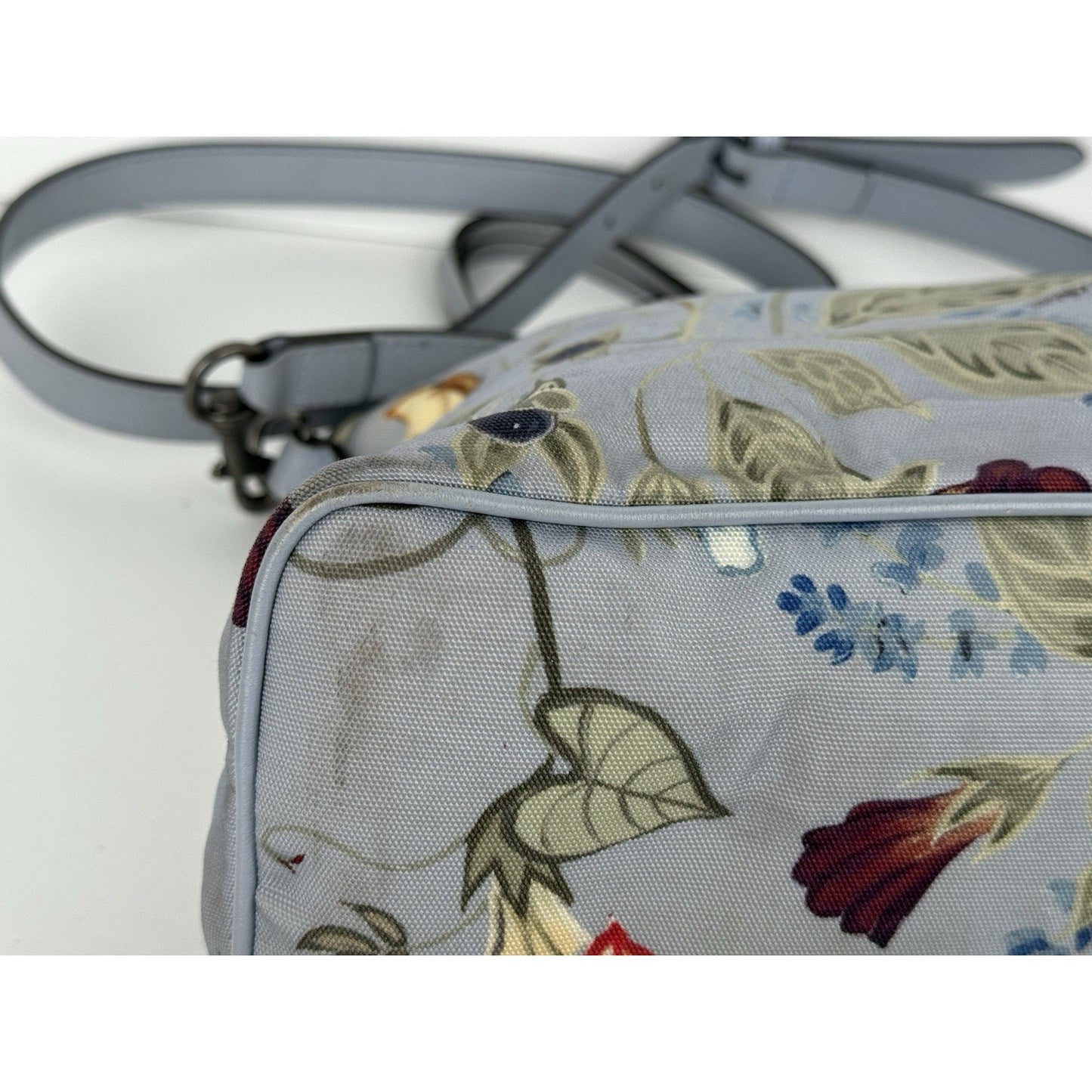Gucci Flora Knight Zippered Tote Bag Dusty Blue Canvas with Leather Trim
