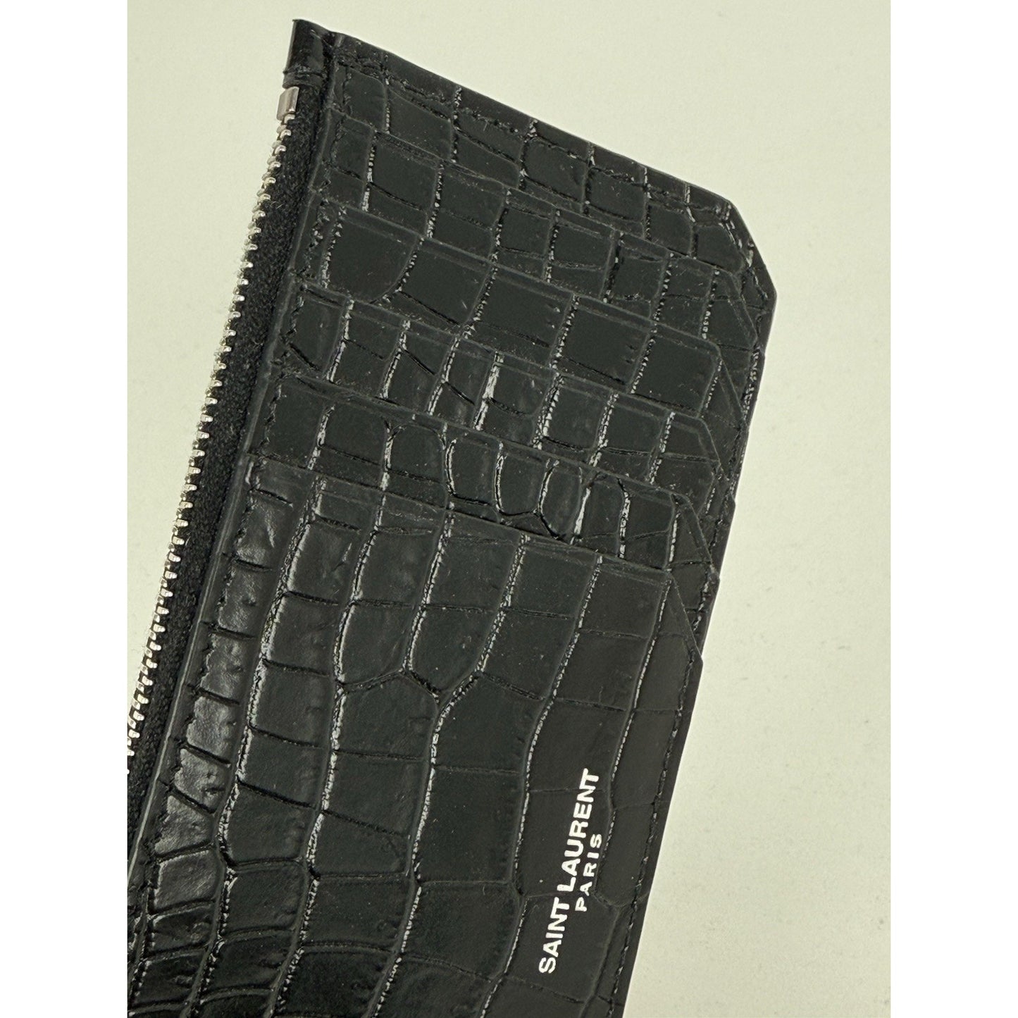 Saint Laurent Calfskin Crocodile Embossed 5 Fragments Zip Card Holder