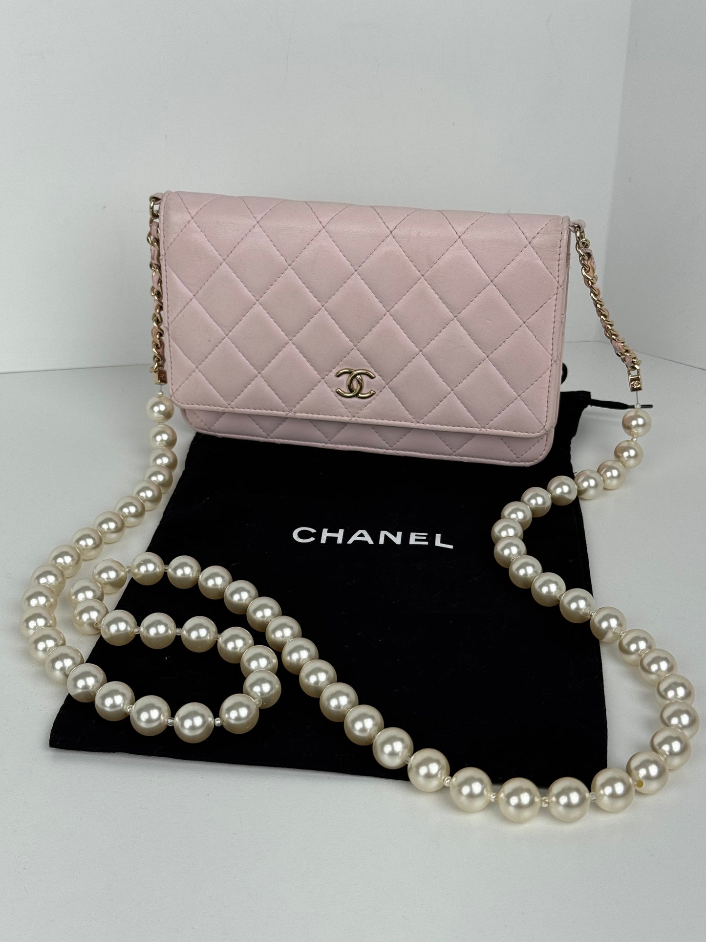 Chanel Pink Quilted Leather Pearl Wallet on Chain With Gold Hardware
