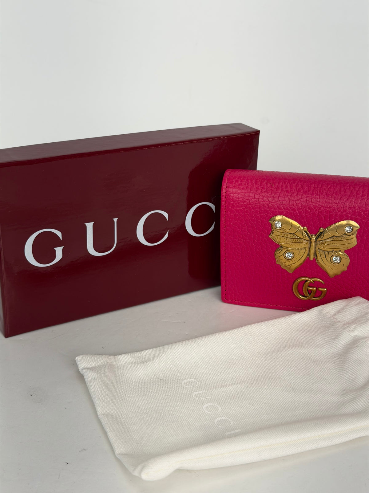 Gucci Butterfly Card Holder Wallet in Fuchsia Leather YK-3