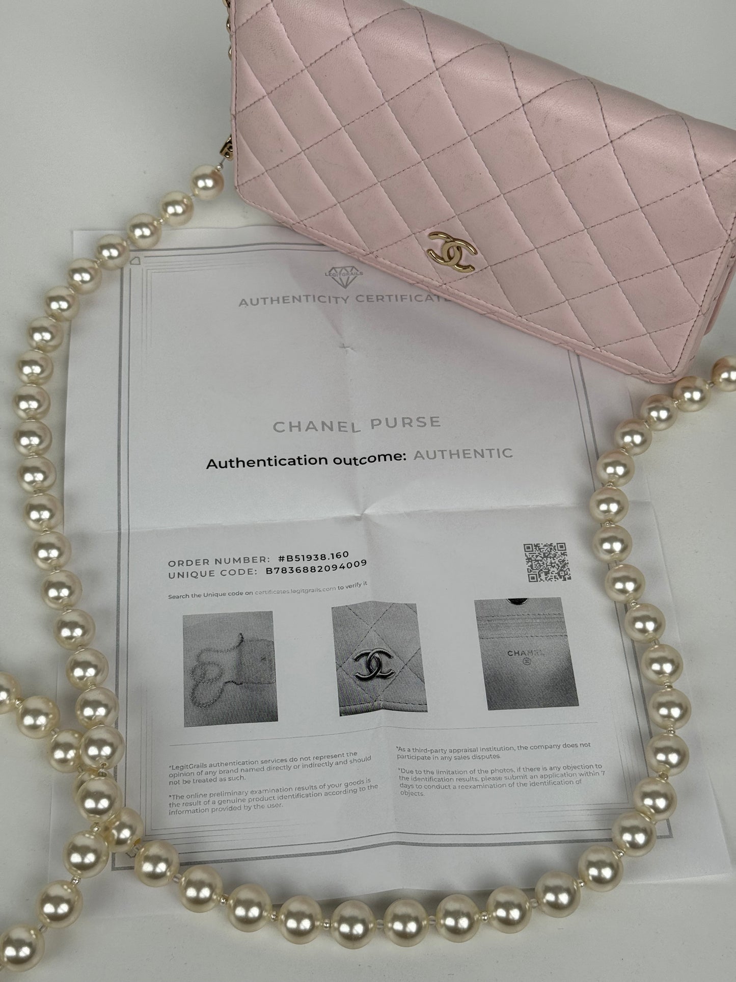 Chanel Pink Quilted Leather Pearl Wallet on Chain With Gold Hardware