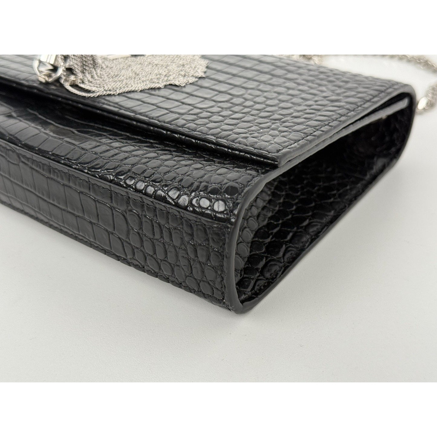 Saint Laurent Kate Tassel Croc-Embossed Leather Shoulder Bag in Black