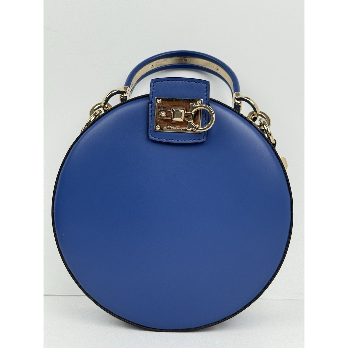 Salvatore Ferragamo Studio Round Bag Blue Leather with Gold Hardware