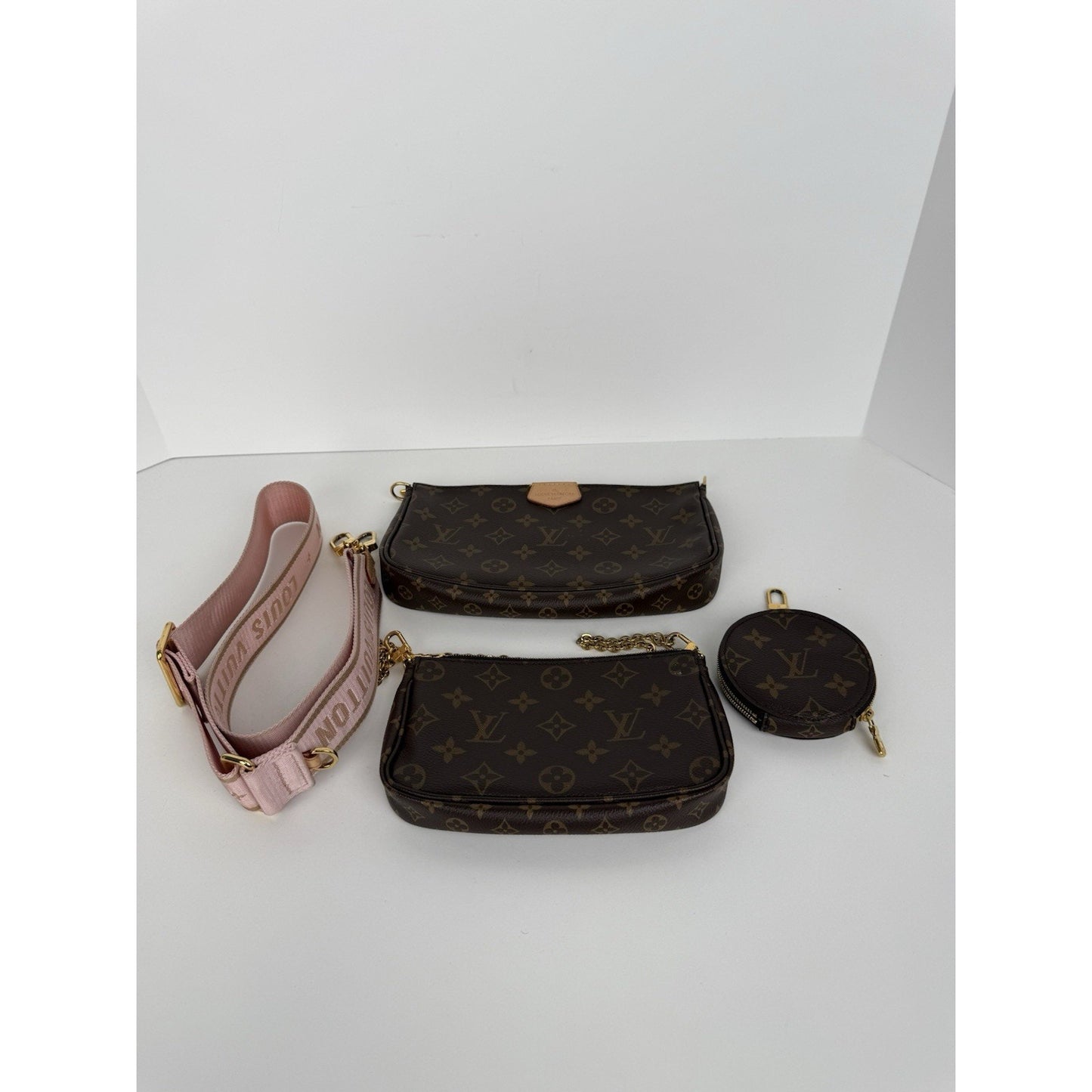 LOUIS VUITTON Multi Pochette Accessoires Brown Canvas Pink Strap Shoulder Bag