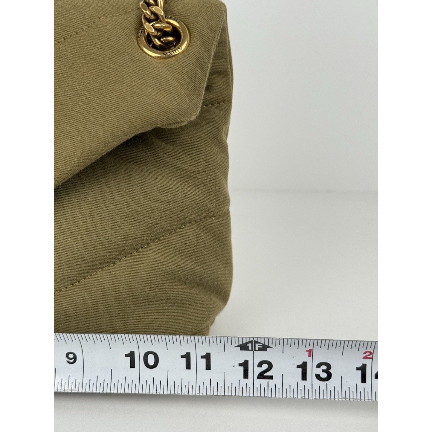 SAINT LAURENT Small Puffer Wool Chevron Quilt Shoulder Bag in Olive Green