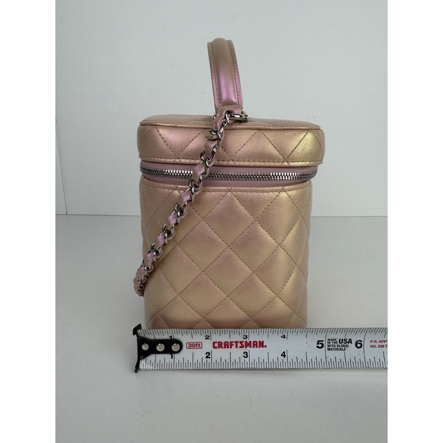 Chanel Small Top Handle Vanity Case Bag Iridescent Pink Quilted Leather NFC B