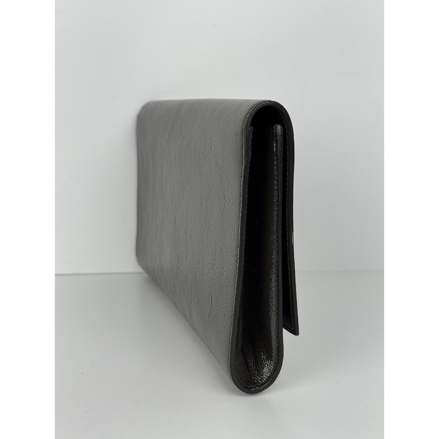 Saint Laurent Belle De Jour Patent Leather Flap Clutch Khaki w Gold Hardware C-6