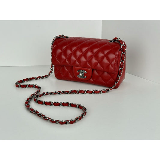 CHANEL CC Mini Classic 20 Chain Shoulder Bag Quilted Lambskin Red Leather