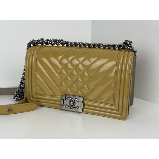 Chanel Boy Medium Chevron & Quilted Mustard Patent Leather Shoulder Bag