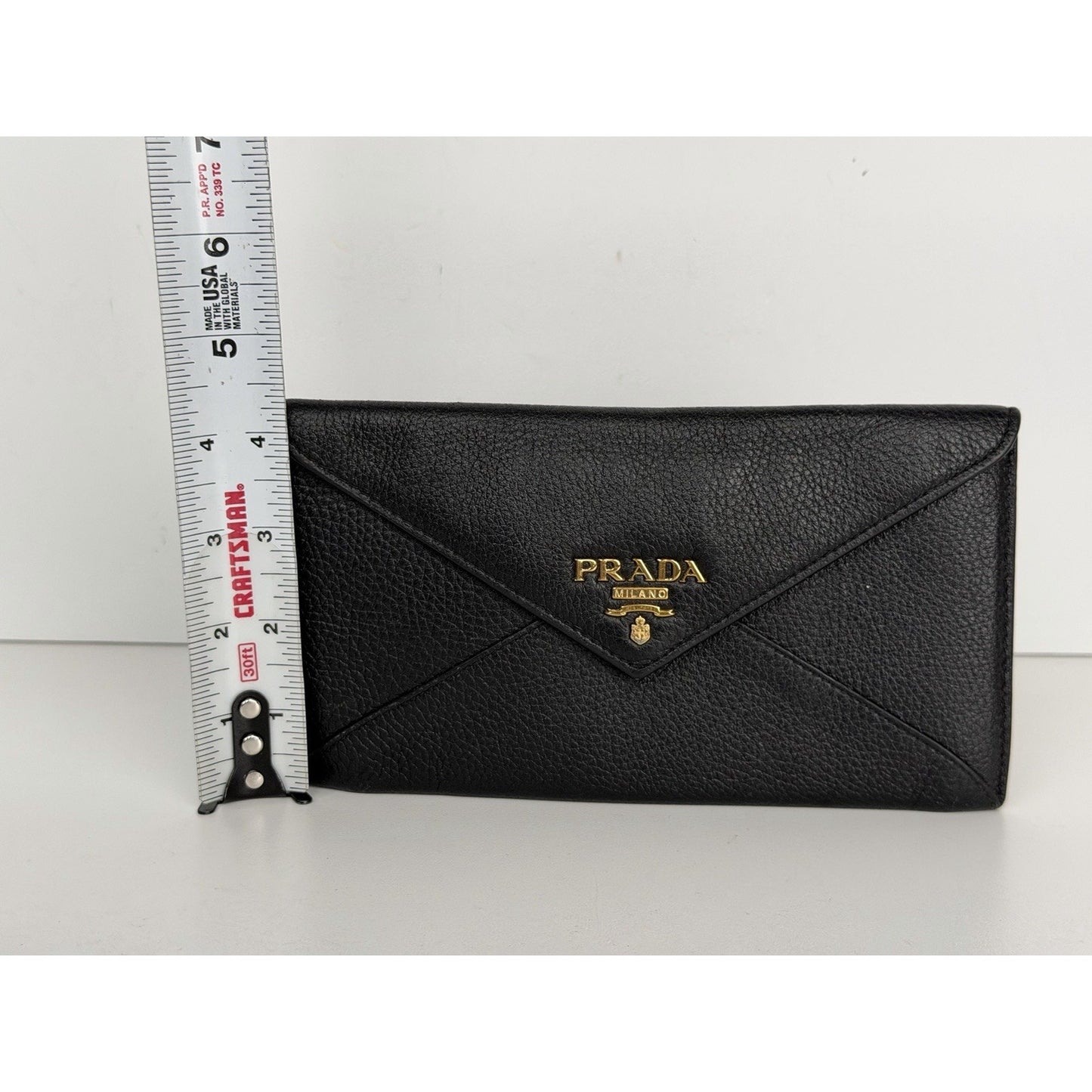 Prada Vitello Grain Envelope Wallet in Black Leather and Gold-Tone Hardware