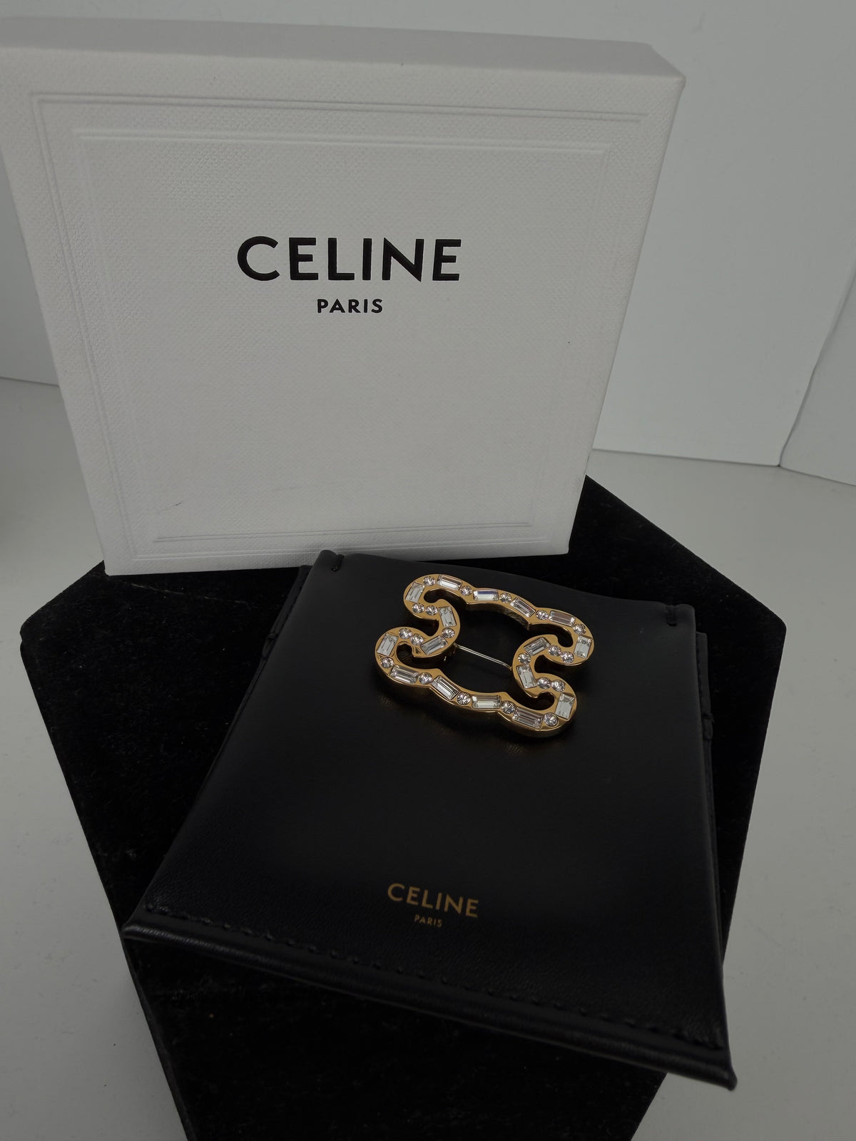Celine Triomphe Frame Sparkle Brooch in Gold-Finish with Crystals K3