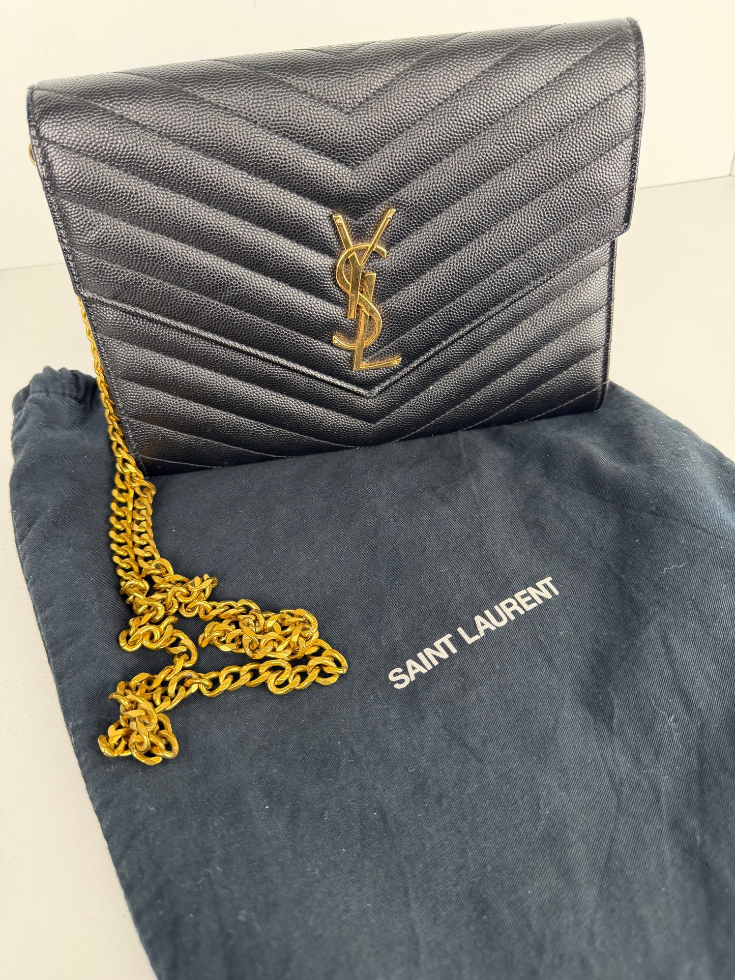 Saint Laurent Cassandre Envelope Wrist Bag in Black Quilted Grain De Poudre Leather YS-04