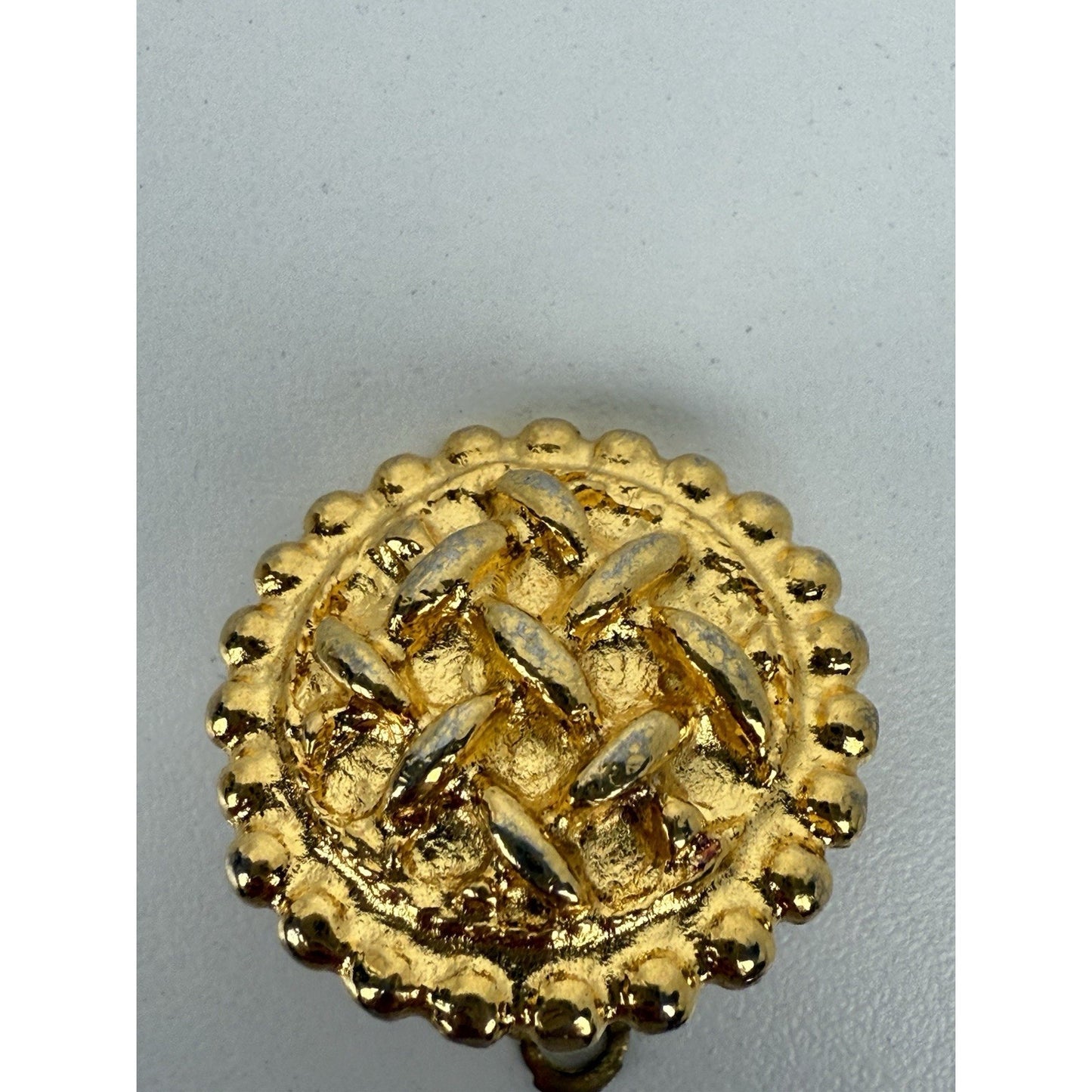 Chanel Vintage Woven Button Large Round Gold Tone Clip On Earrings